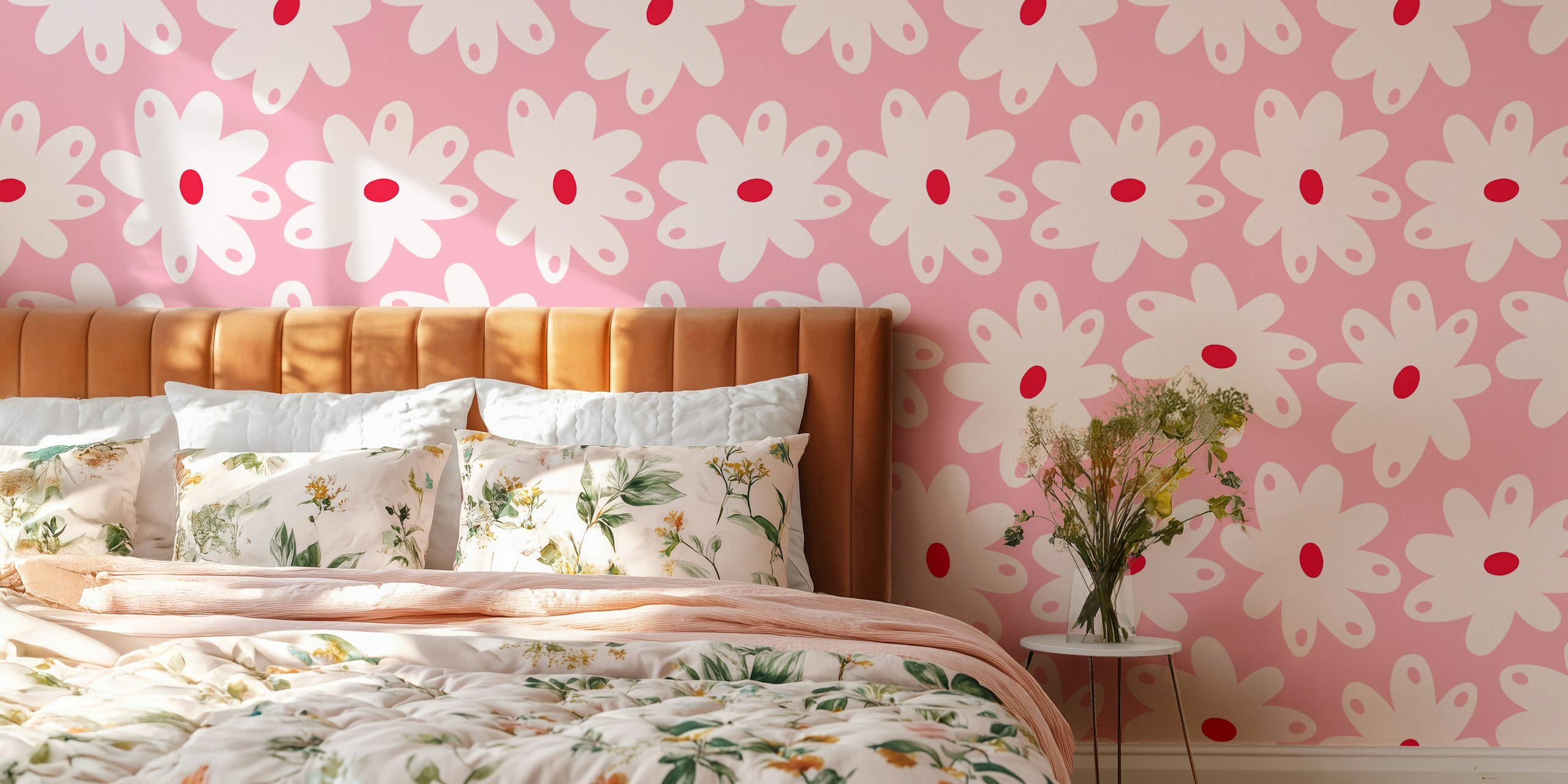 Happy Daisies pink and crimson red wallpaper