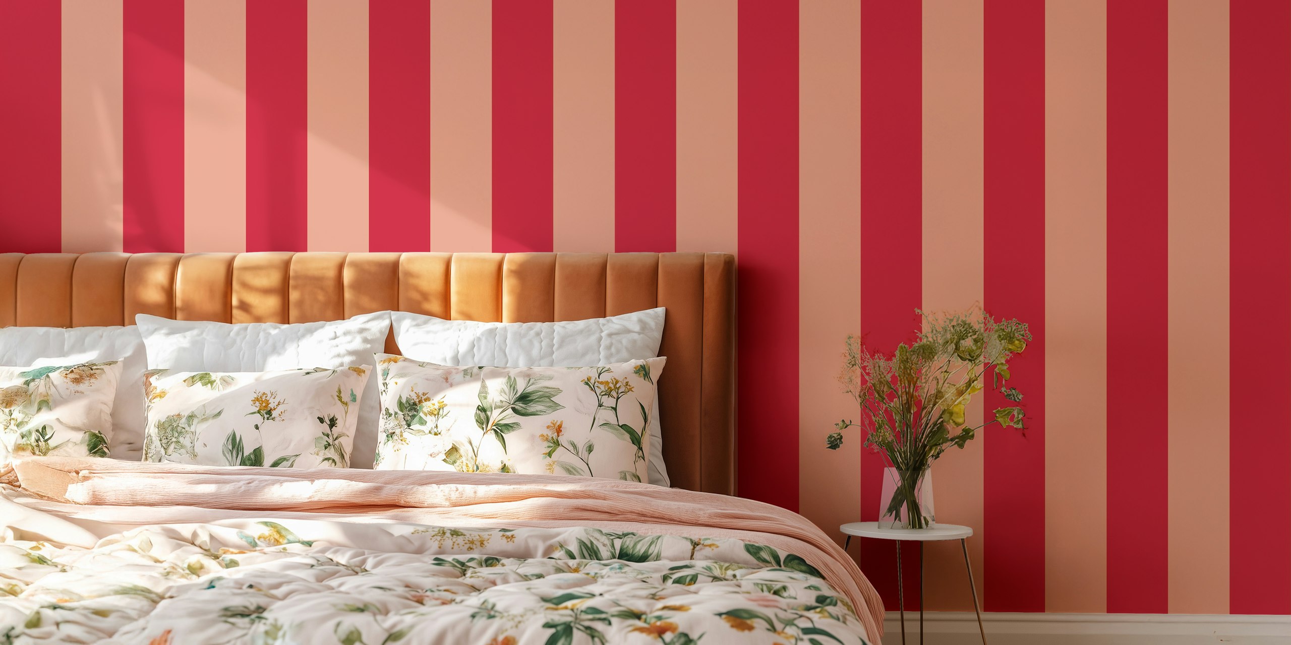 Punainen ja persikka Scandi stripes wallpaper lastenhuoneessa