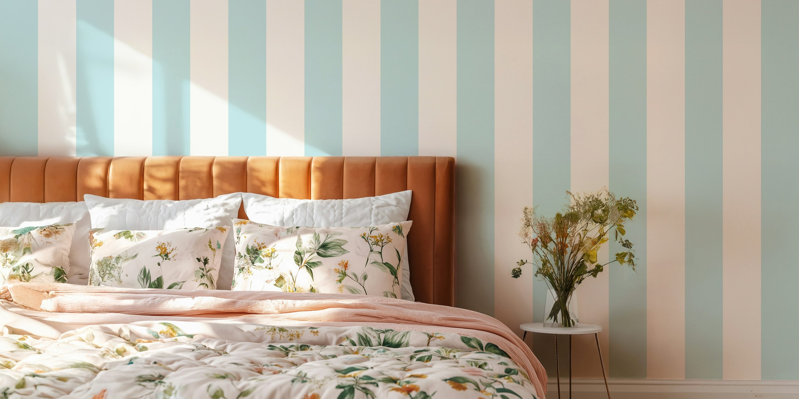 Blue and white striped wallpaper, soft pastel colors, Scandinavian style