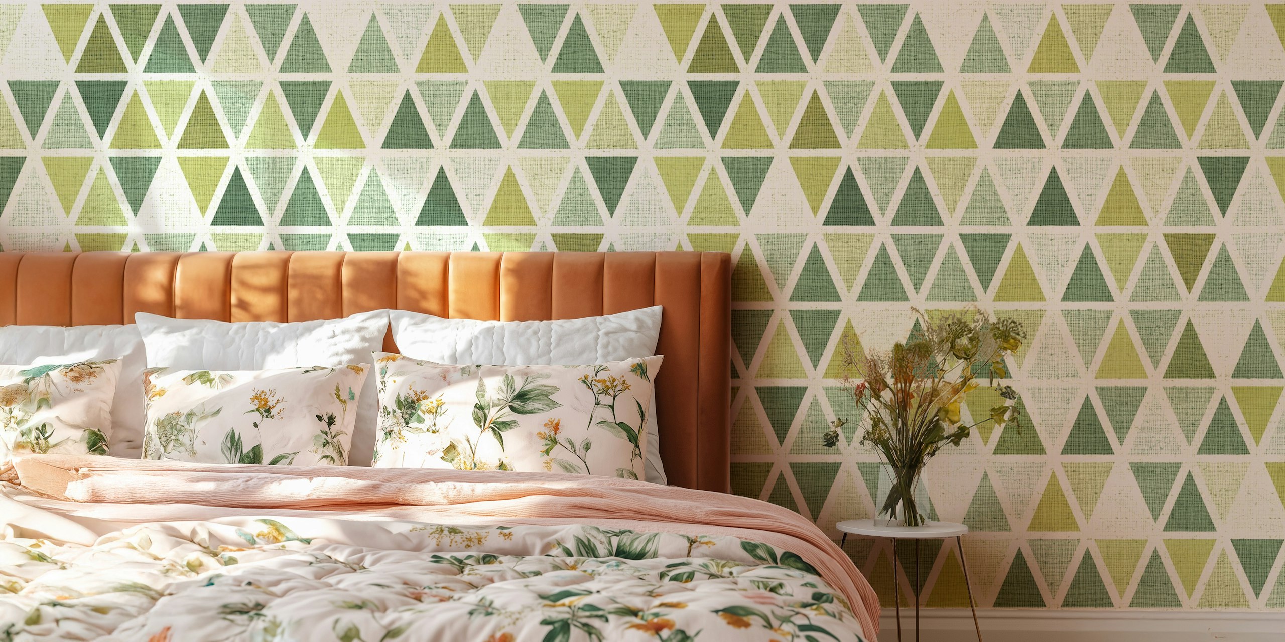 Geometric triangle pattern in green and cream colors wallpaper