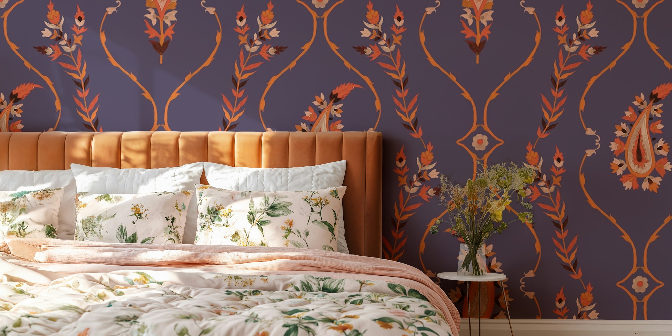 Purple paisley and floral patterns with orange details wallpaper