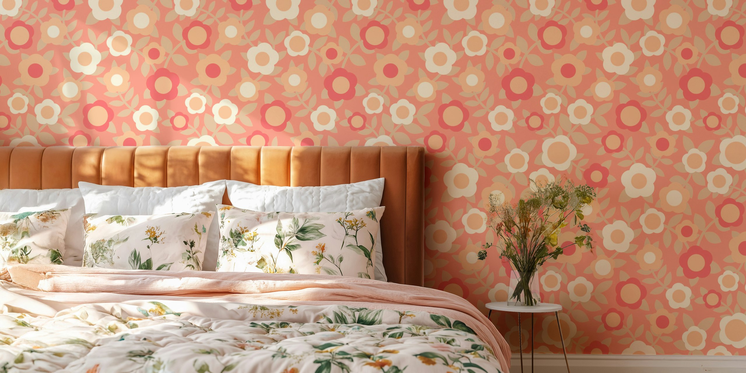 Floral patterns with peach and pink tones on wallpaper