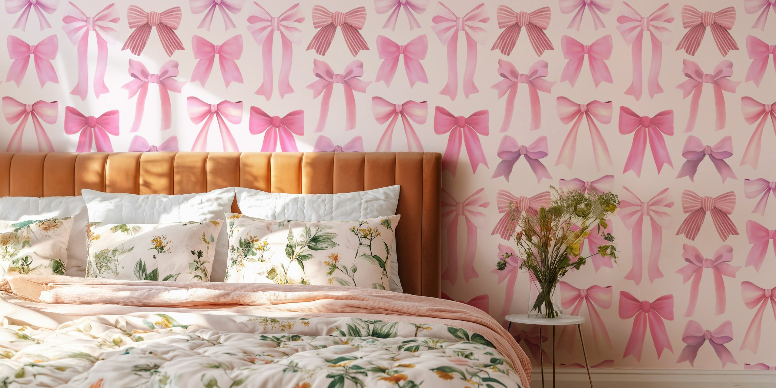 Preppy Pink Bows tapetti esitelty huoneessa