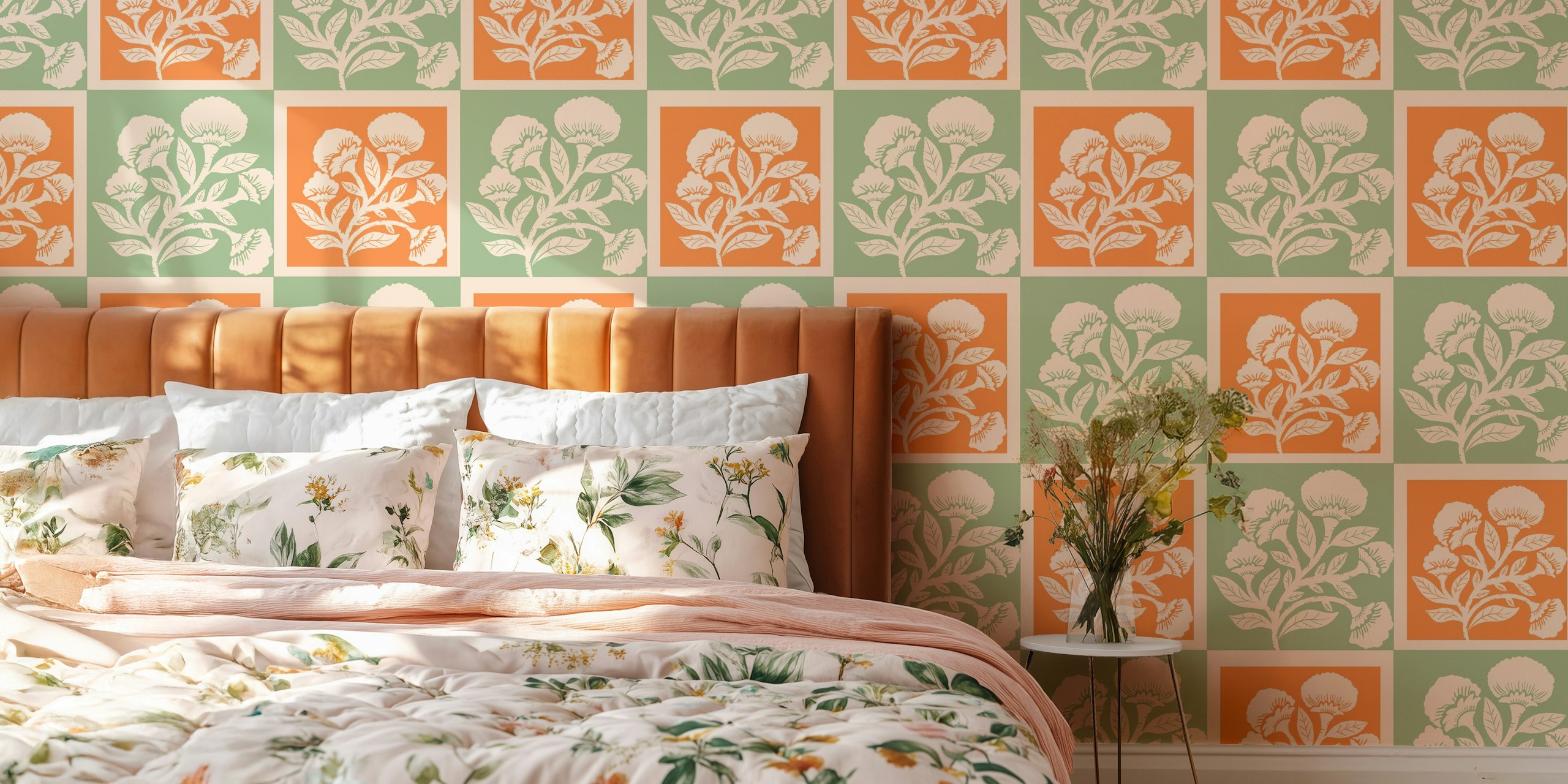 Floral squares wallpaper in een kamersetting