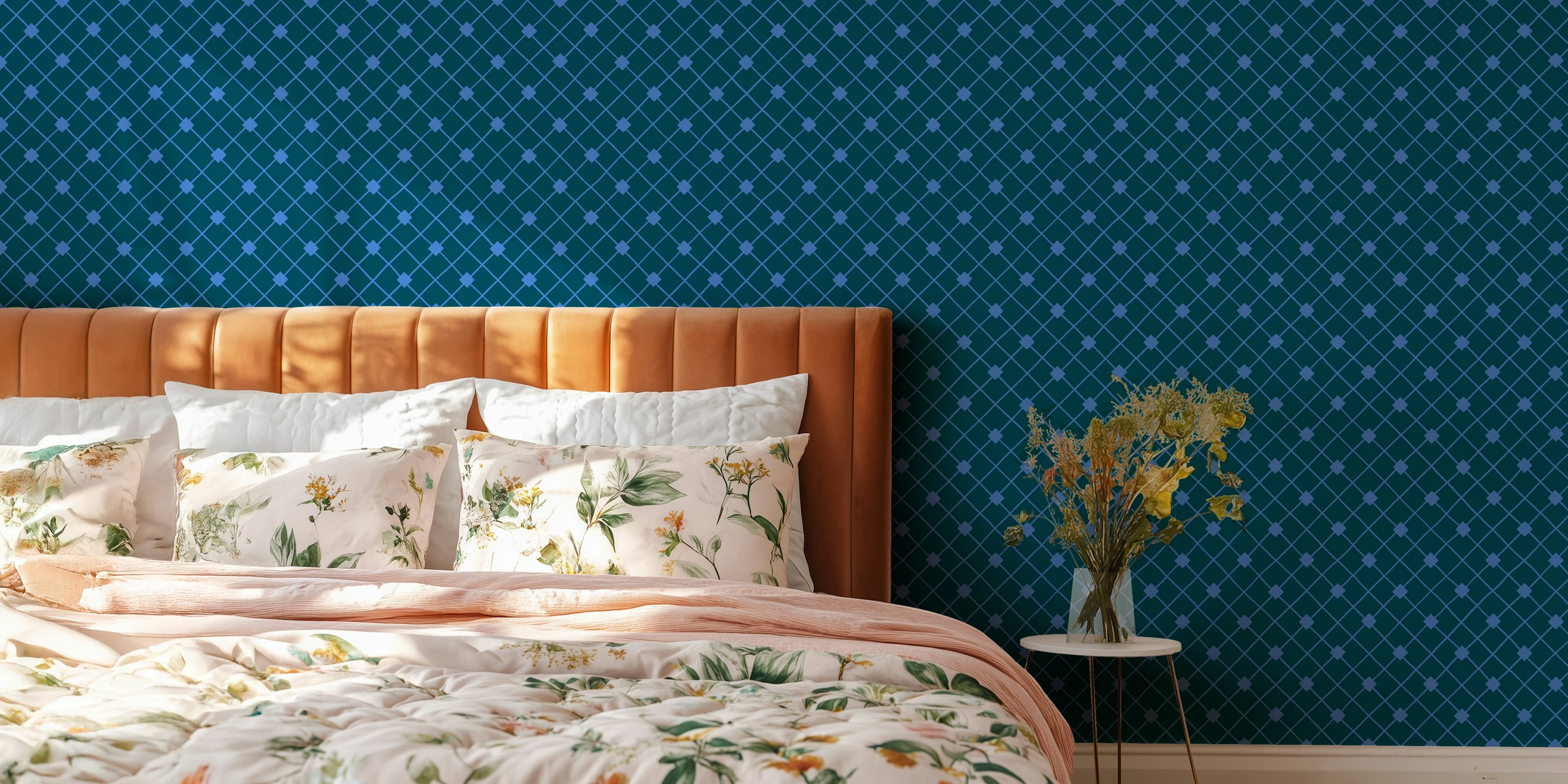 Midnight blue check patterned wall mural with a preppy design style