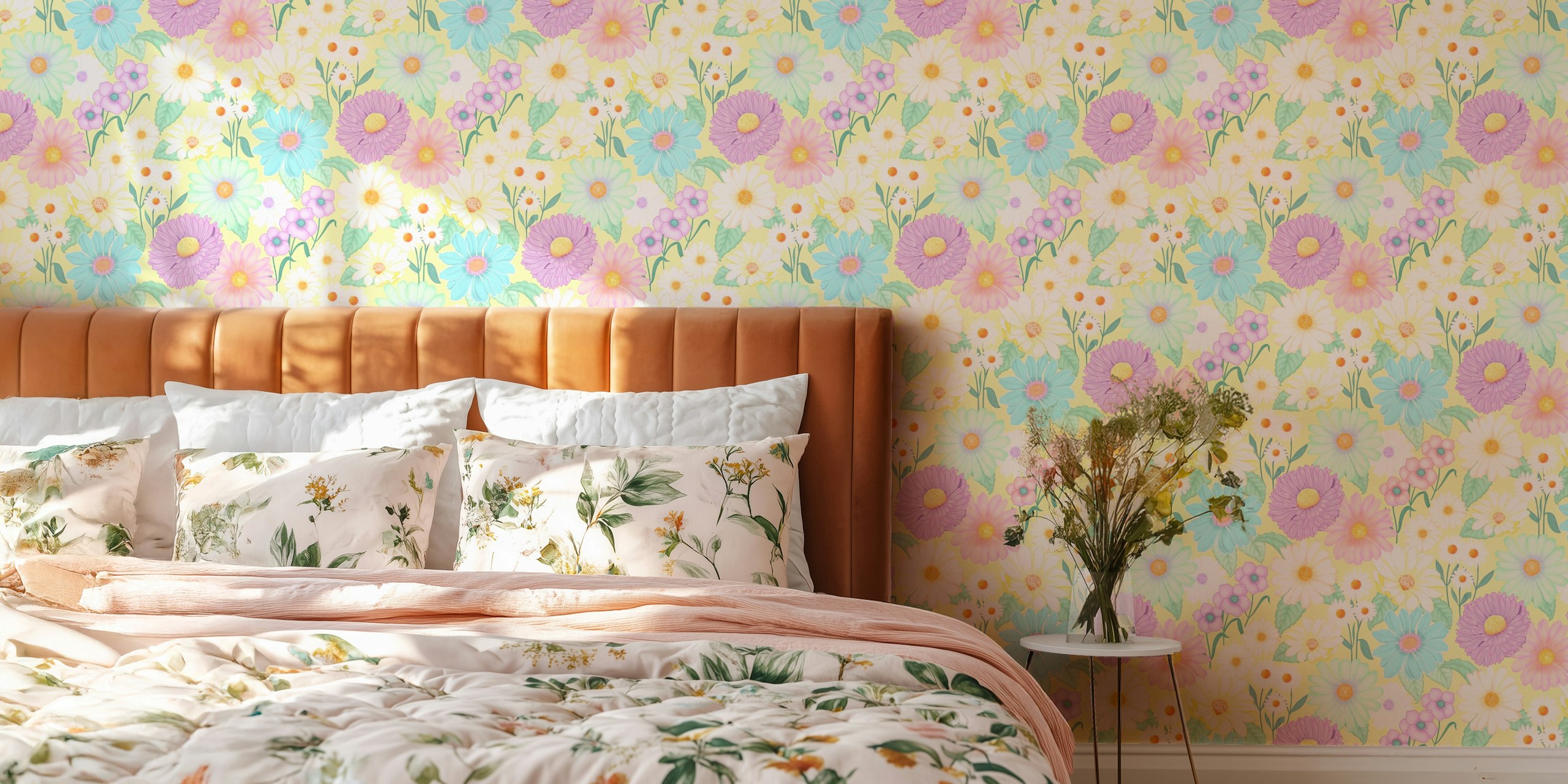 Colorful floral pattern on pastel background wallpaper