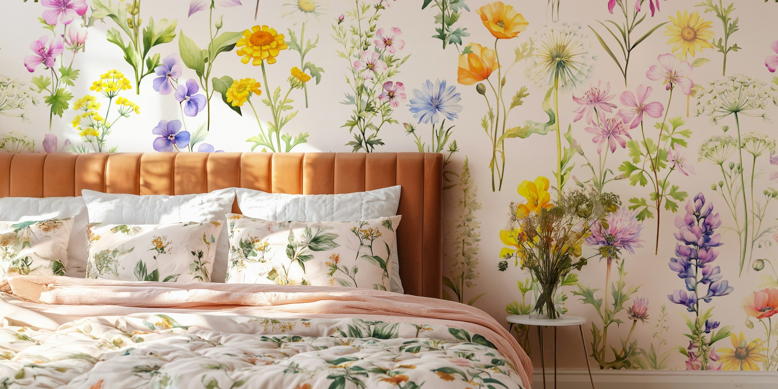 Colorful wildflowers on ivory background wallpaper