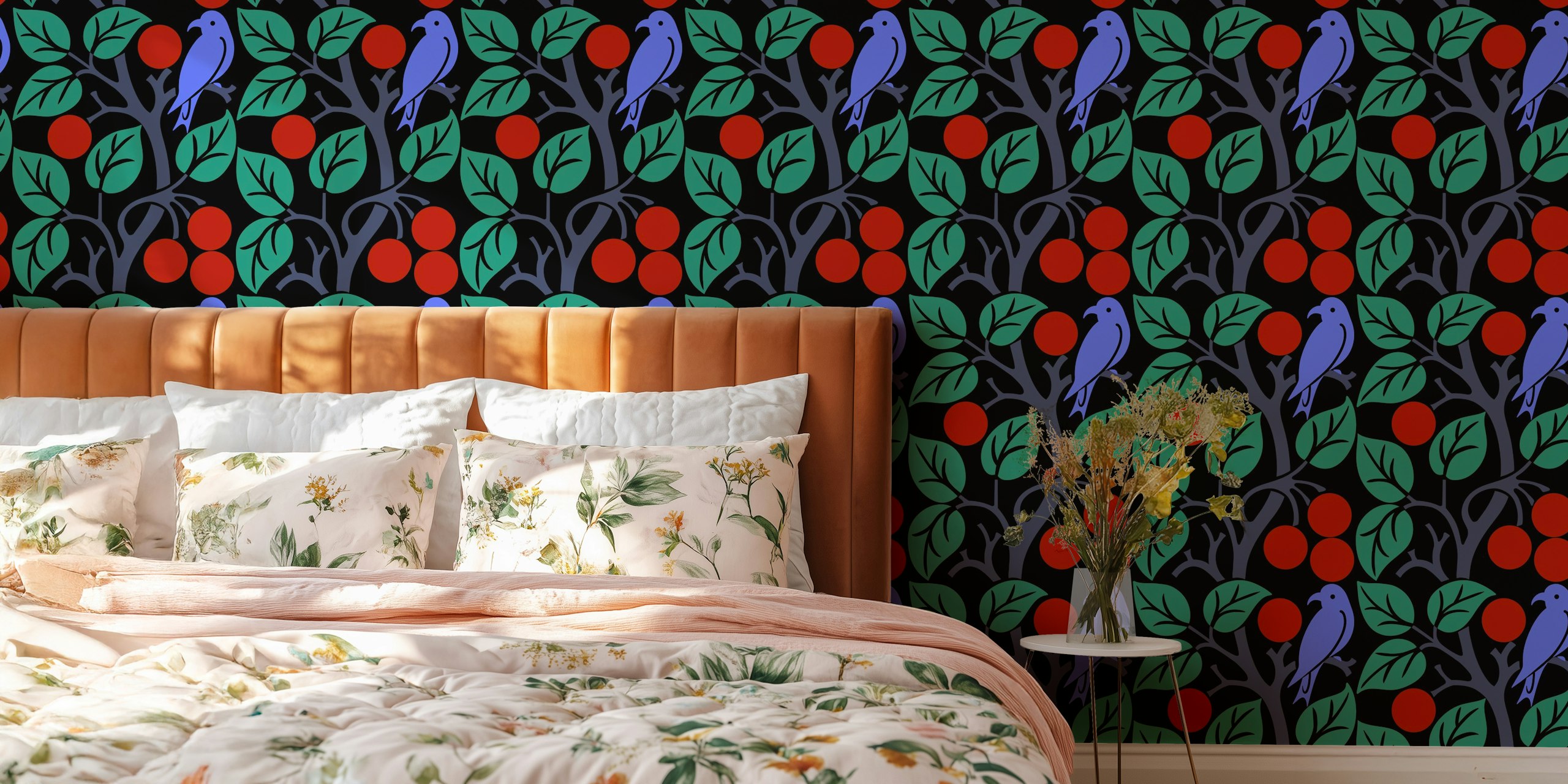 Vintage branches with red berries wallpaper in a room