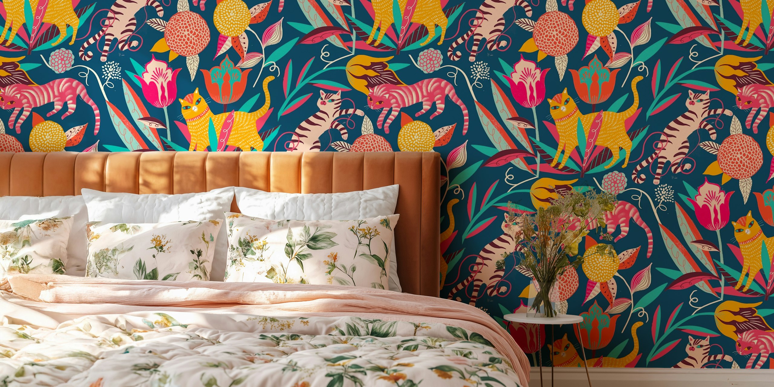 Folk Art Cats med Tulips tapetdesign