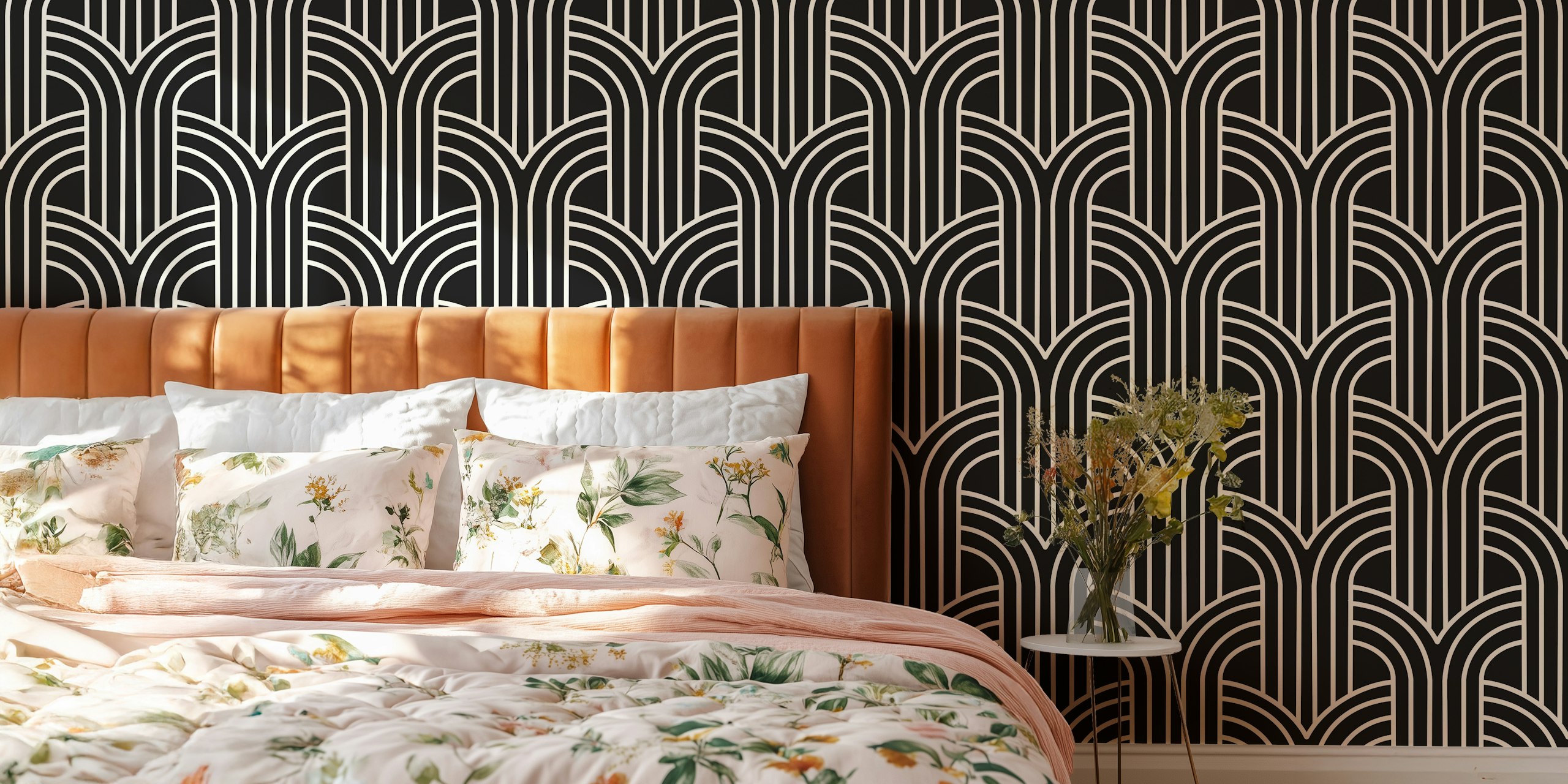Art Deco papel de parede preto e branco em um quarto