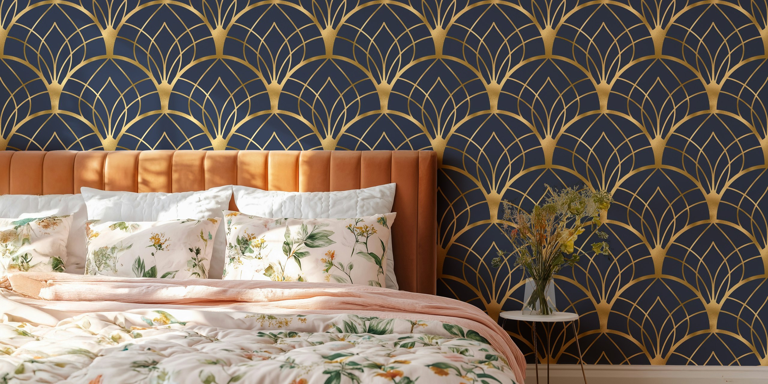papier peint Art Deco en or et bleu marine