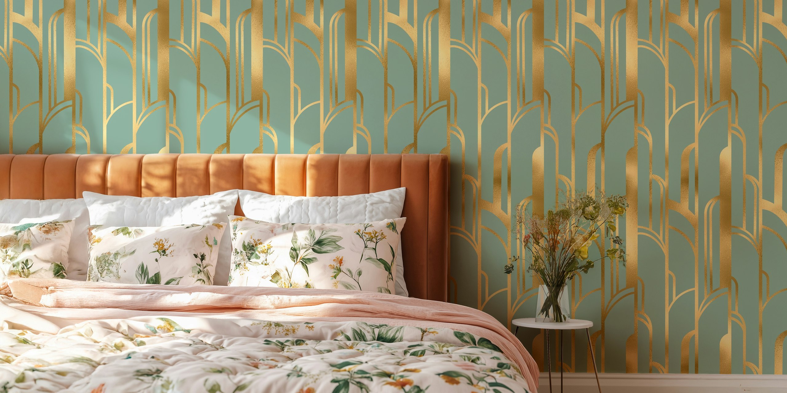 Art Deco wallpaper in gold and sage