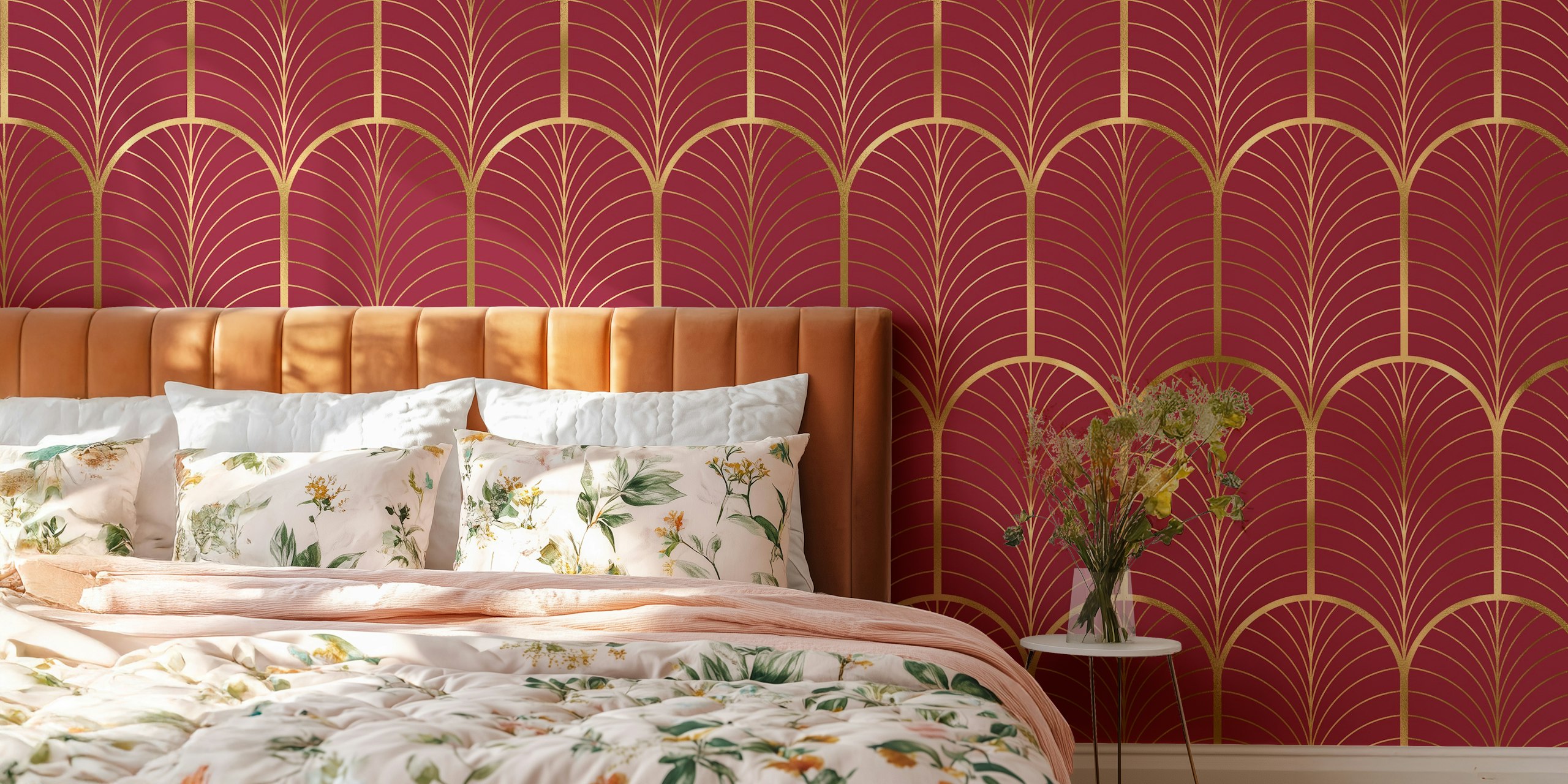 Gold and burgundy Art Deco wallpaper design
