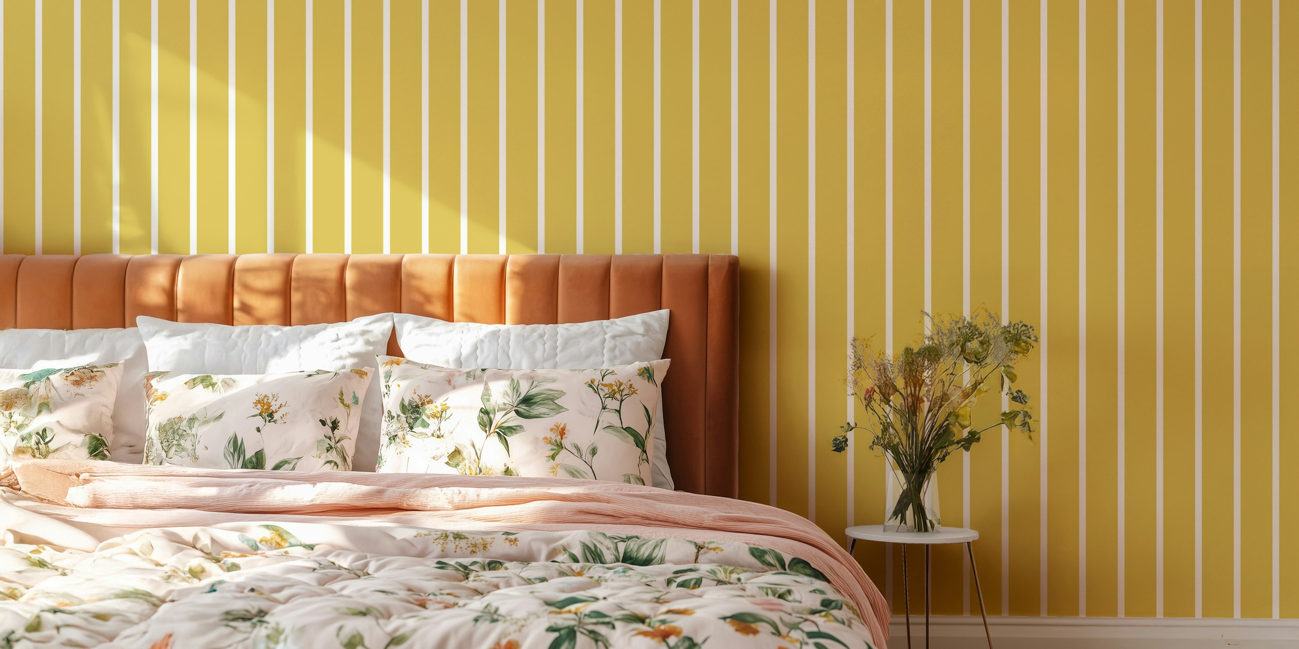 Καθετοί ριγέ Vertical Stripes sulfur green beige σε ένα δωμάτιο