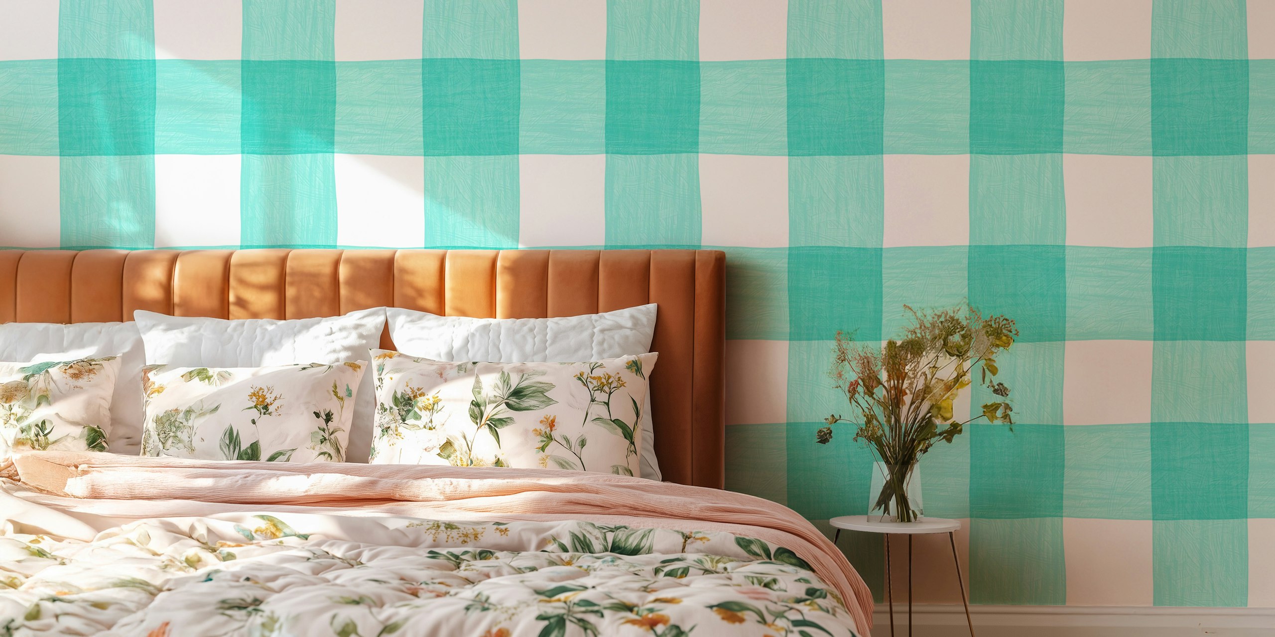 Mint green and white gingham pattern wallpaper