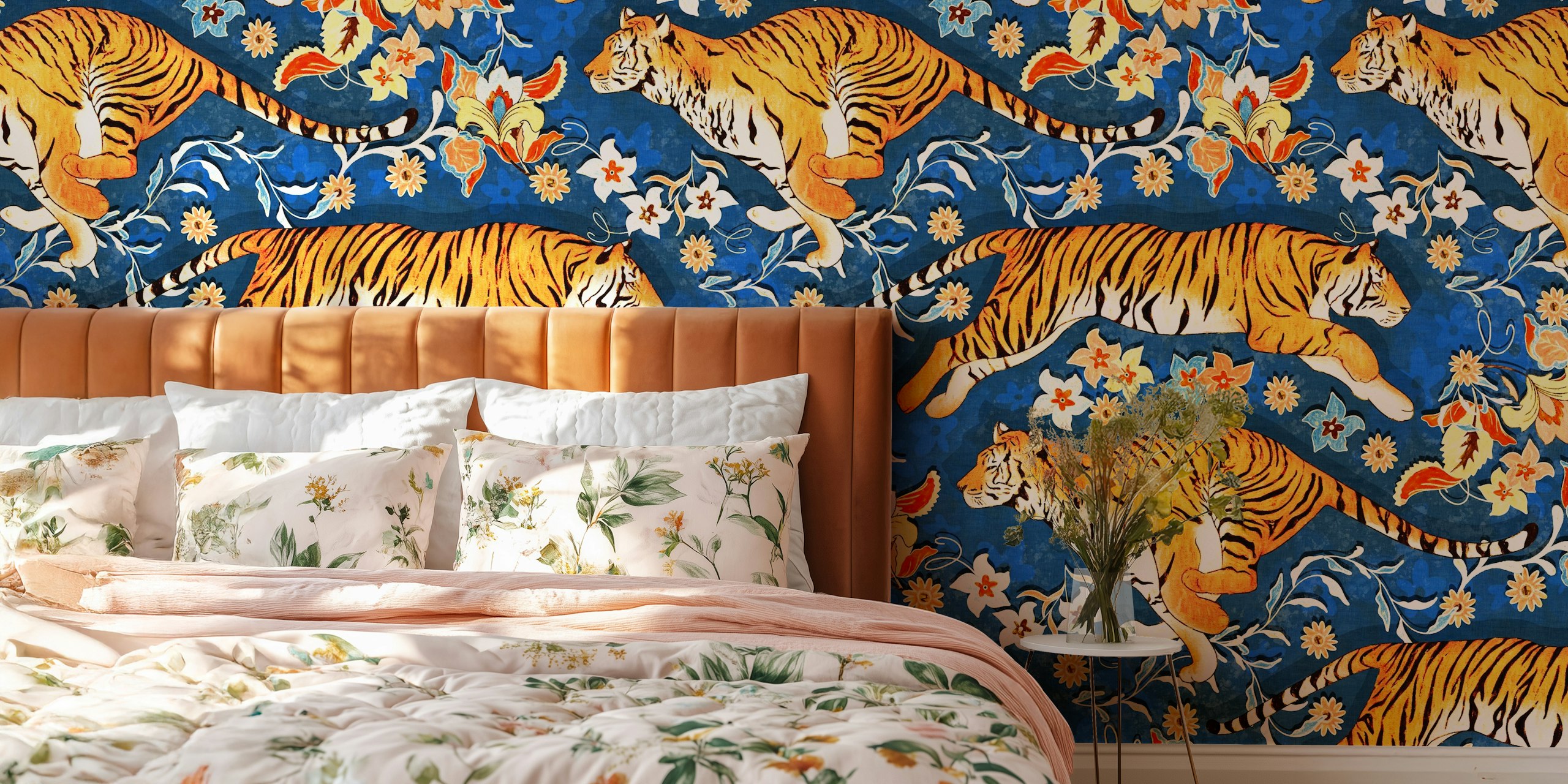 Tigers among floral patterns on blue background wallpaper