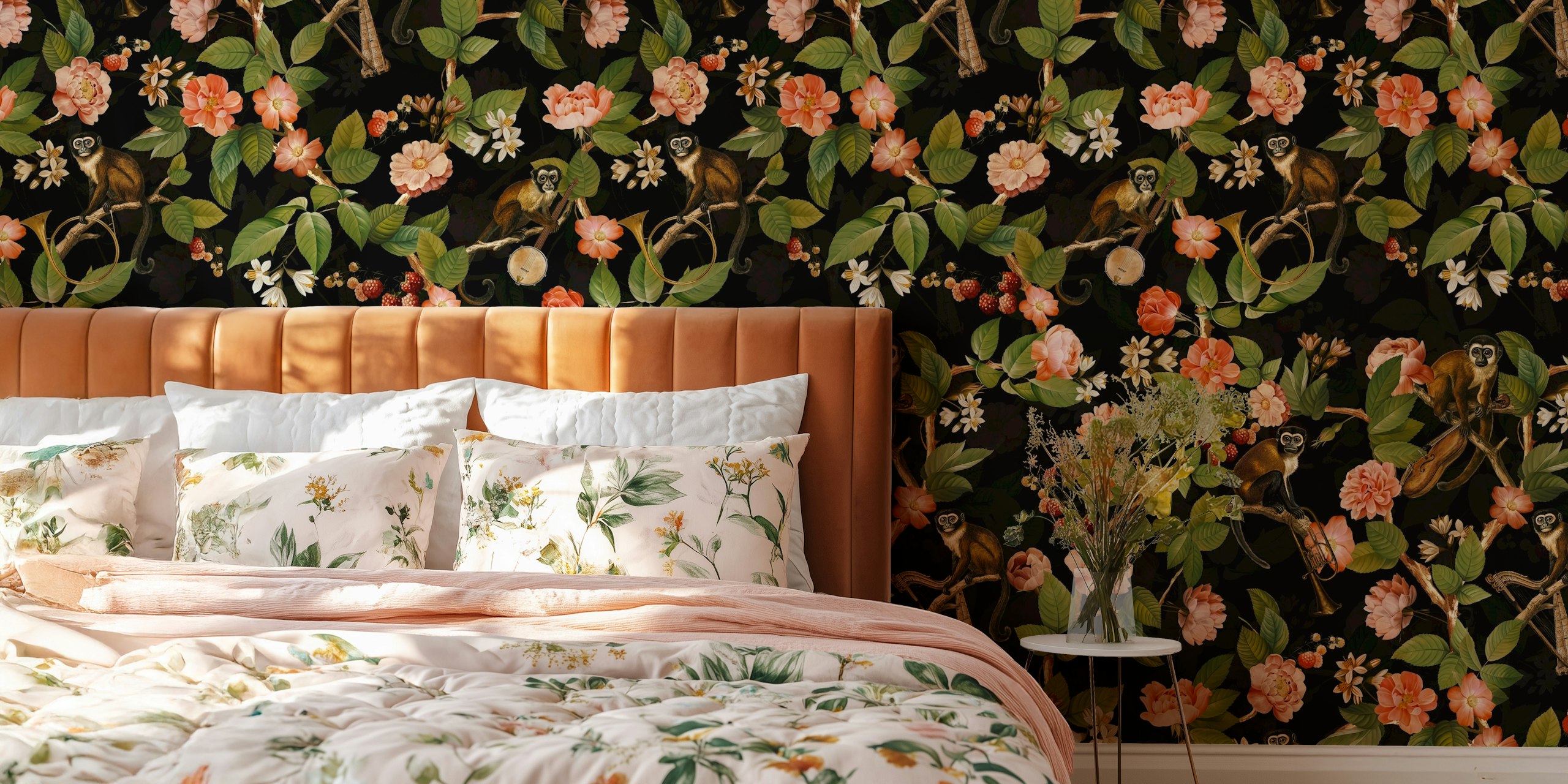 Monkey Band In Flower Chinoiserie Jungle projekt tapety