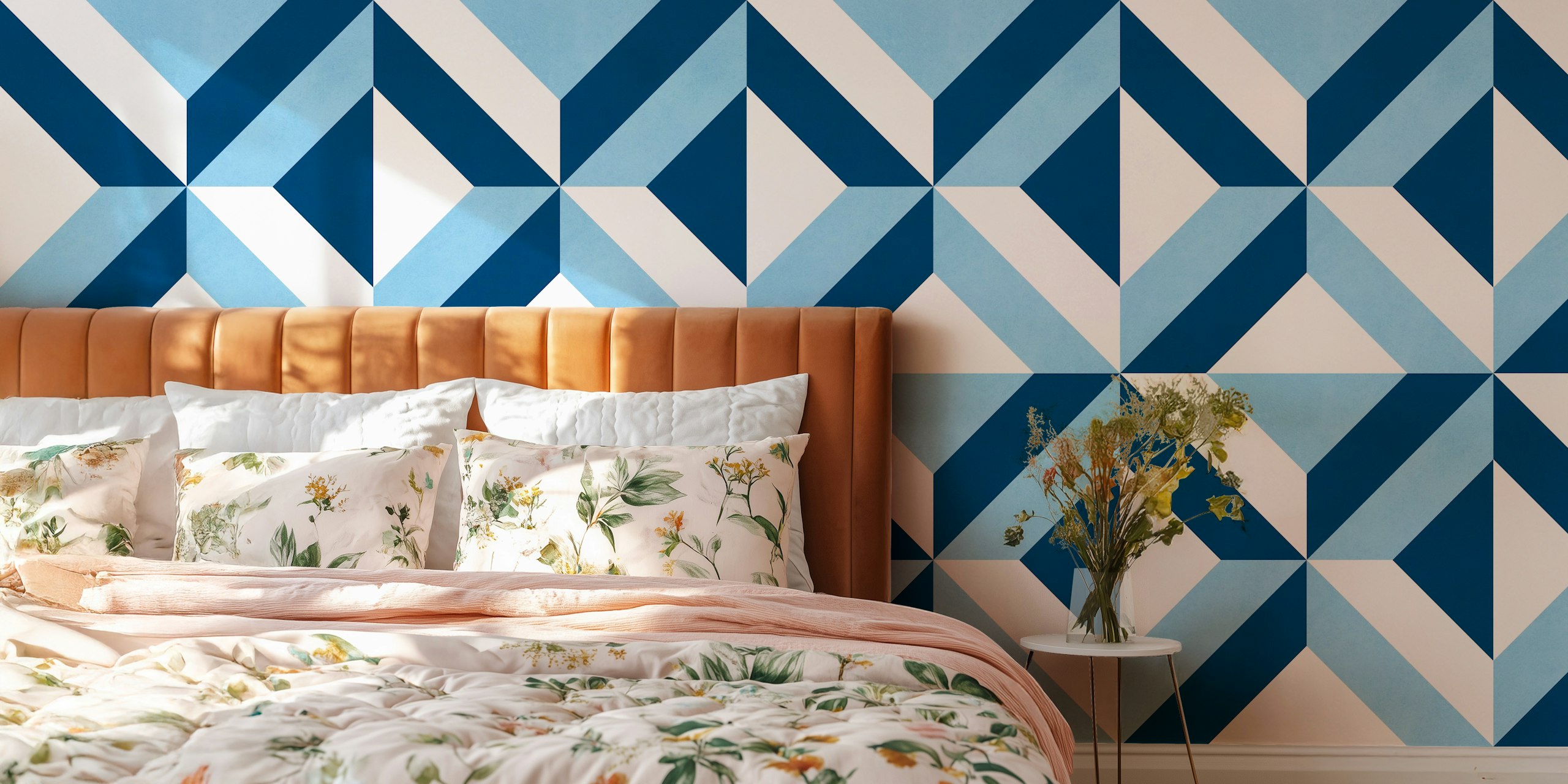 Blue geometric pattern in shades of navy and light blue wallpaper