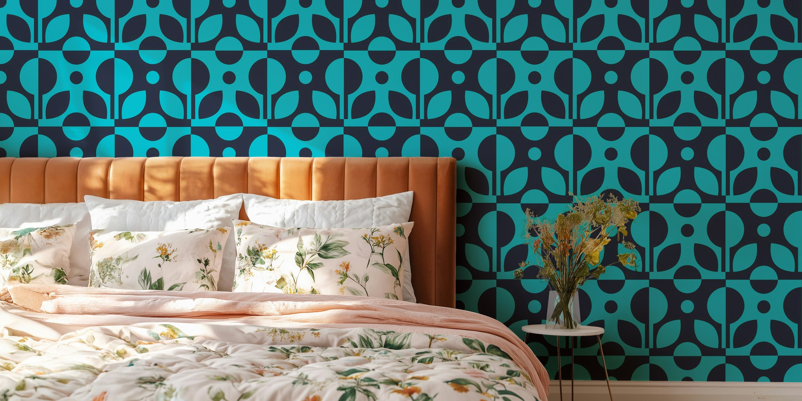 Checkered floral pattern wallpaper em um quarto
