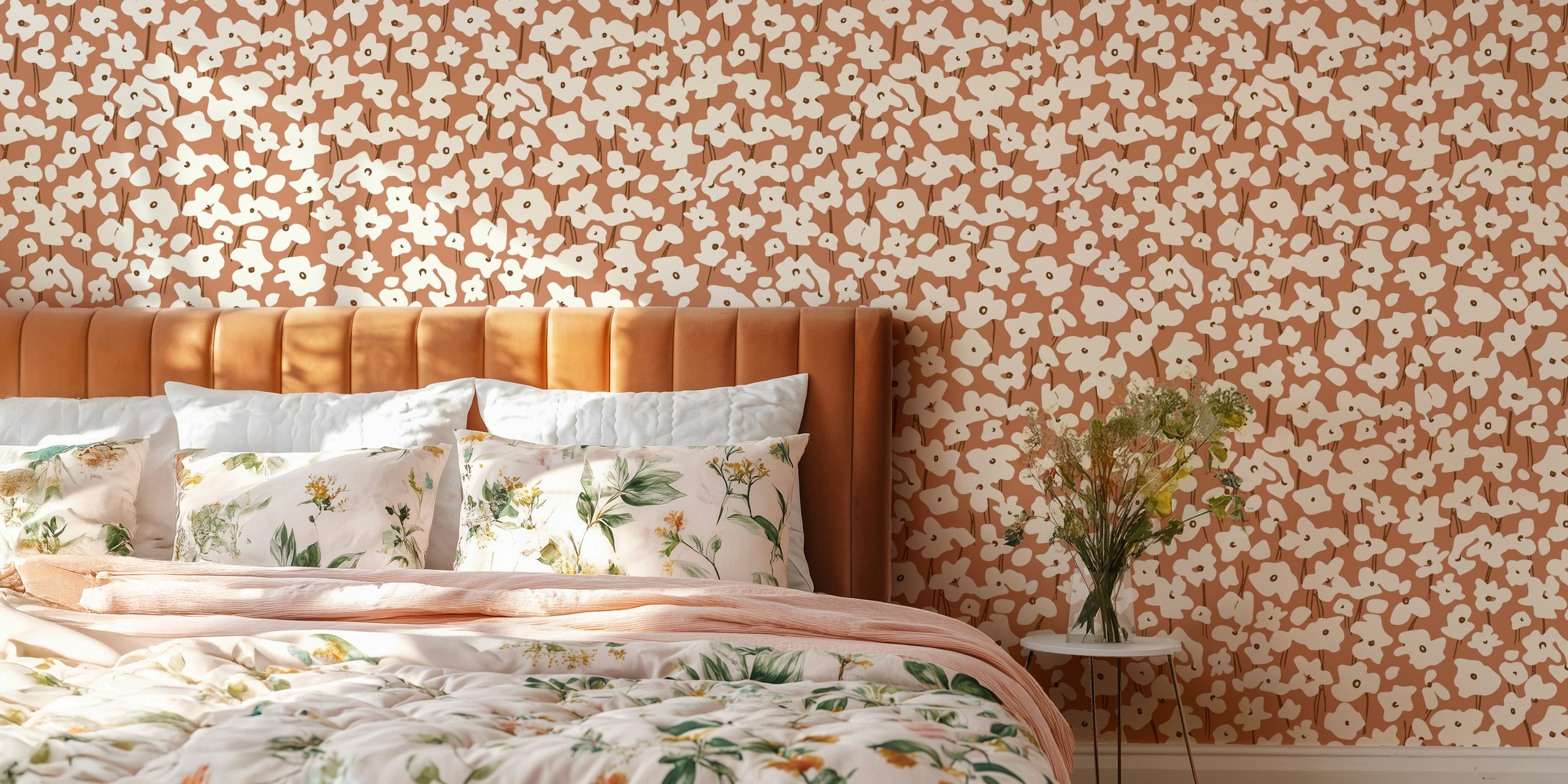 White floral pattern on warm brown background wallpaper