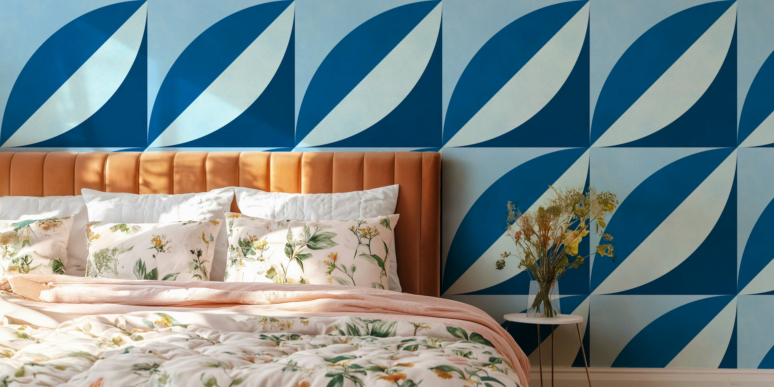 Blue geometric pattern wallpaper in a room