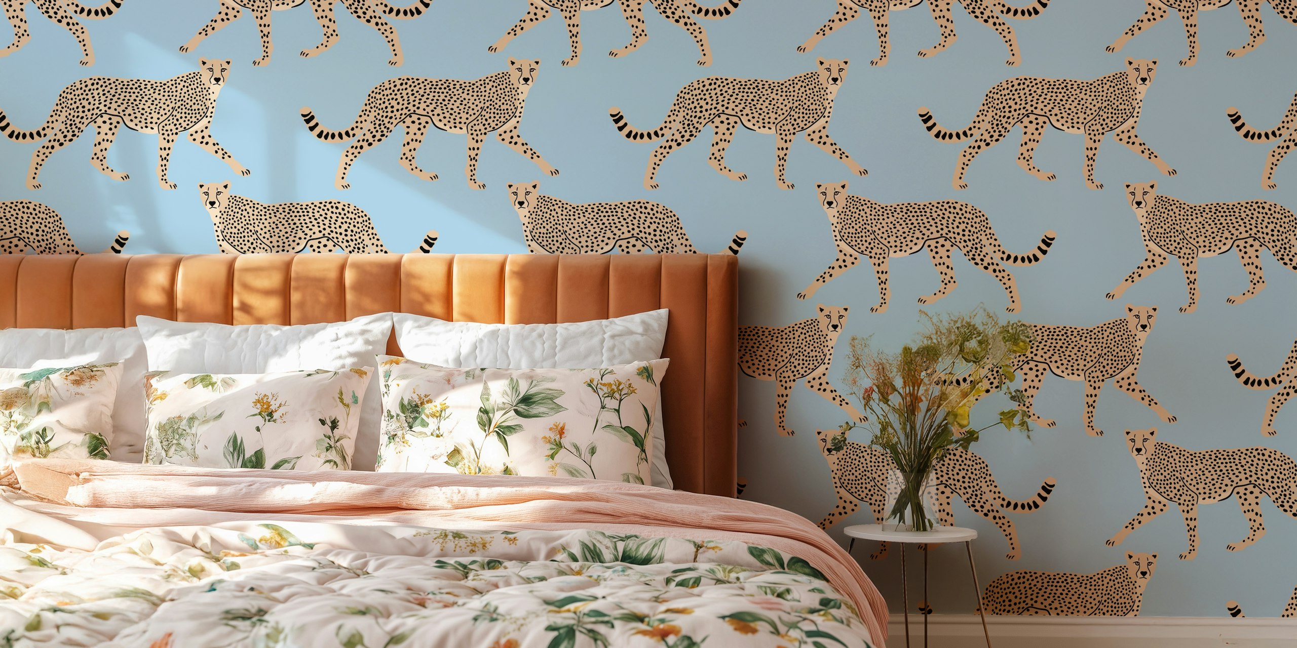 Walking cheetahs on dark steel blue background wallpaper