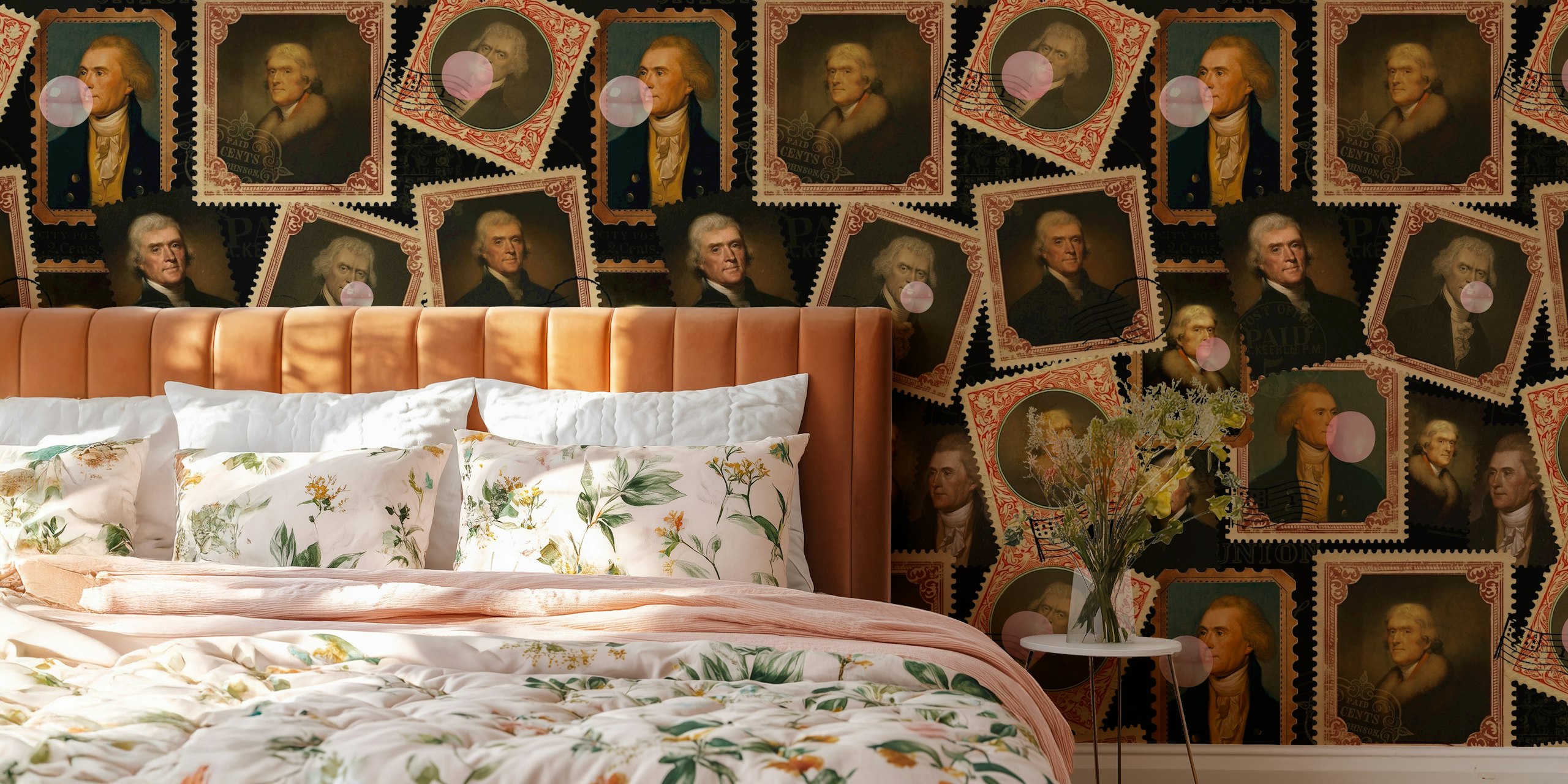 Vintage stamps with portraits of Thomas Jefferson in hues of beige and brown wallpaper