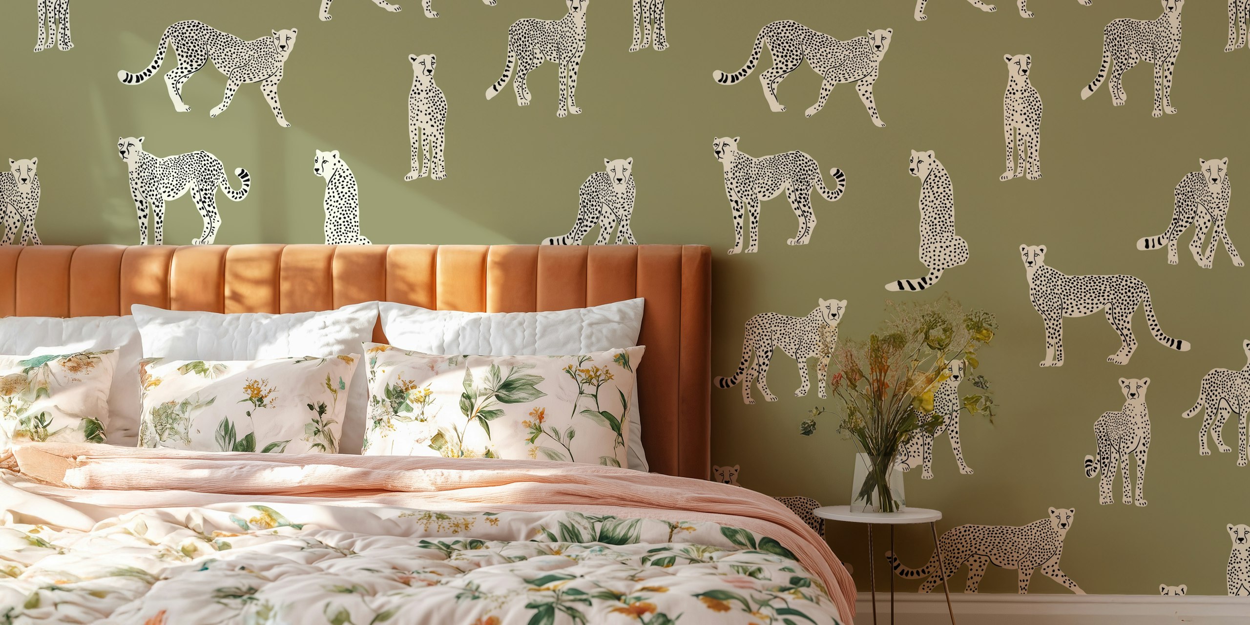 Vintage white cheetah patterns on sage green wallpaper
