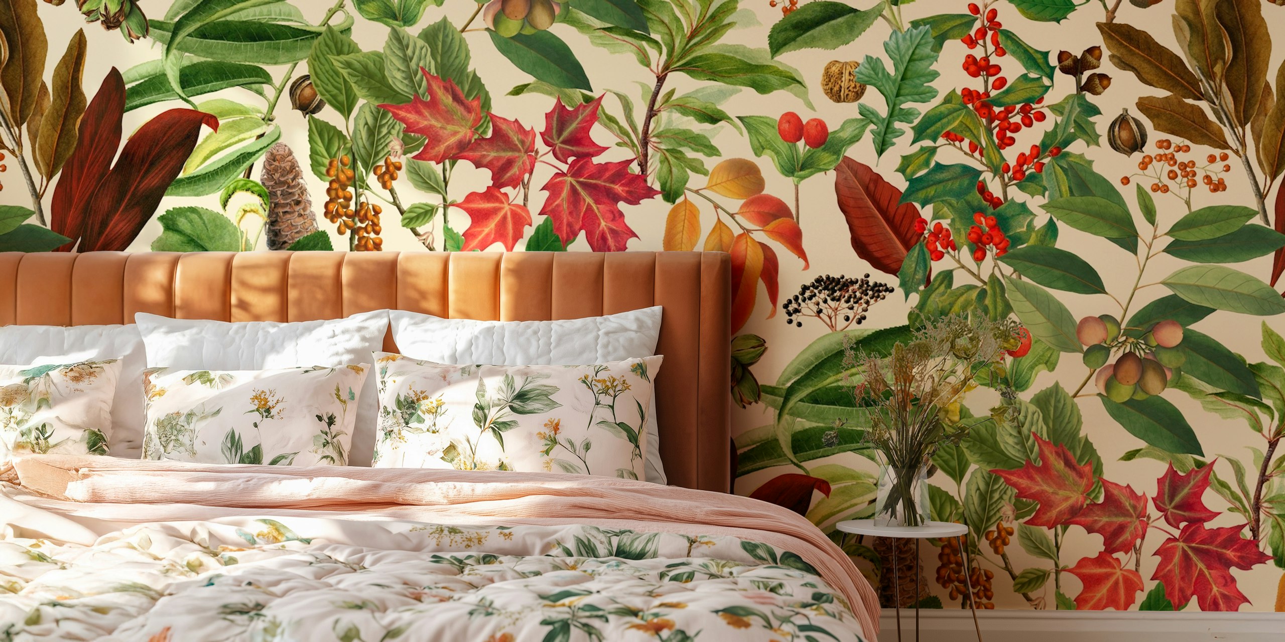 Colorful autumn leaves and botanical patterns wallpaper