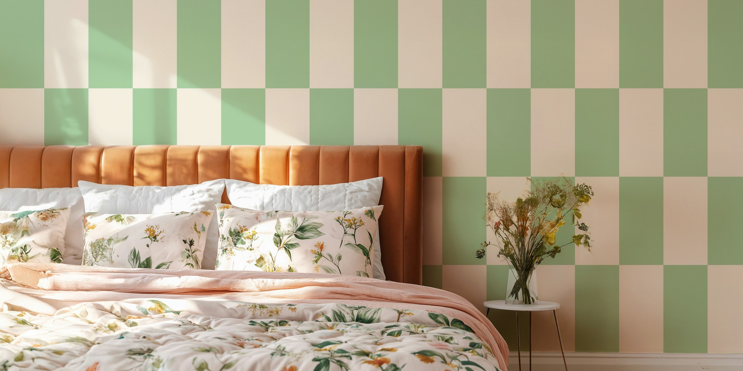 Rectangles vintage green and beige wallpaper in a room