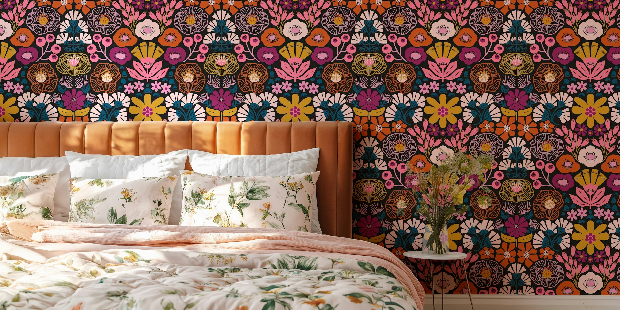 Modern folk art damask wallpaper in a room