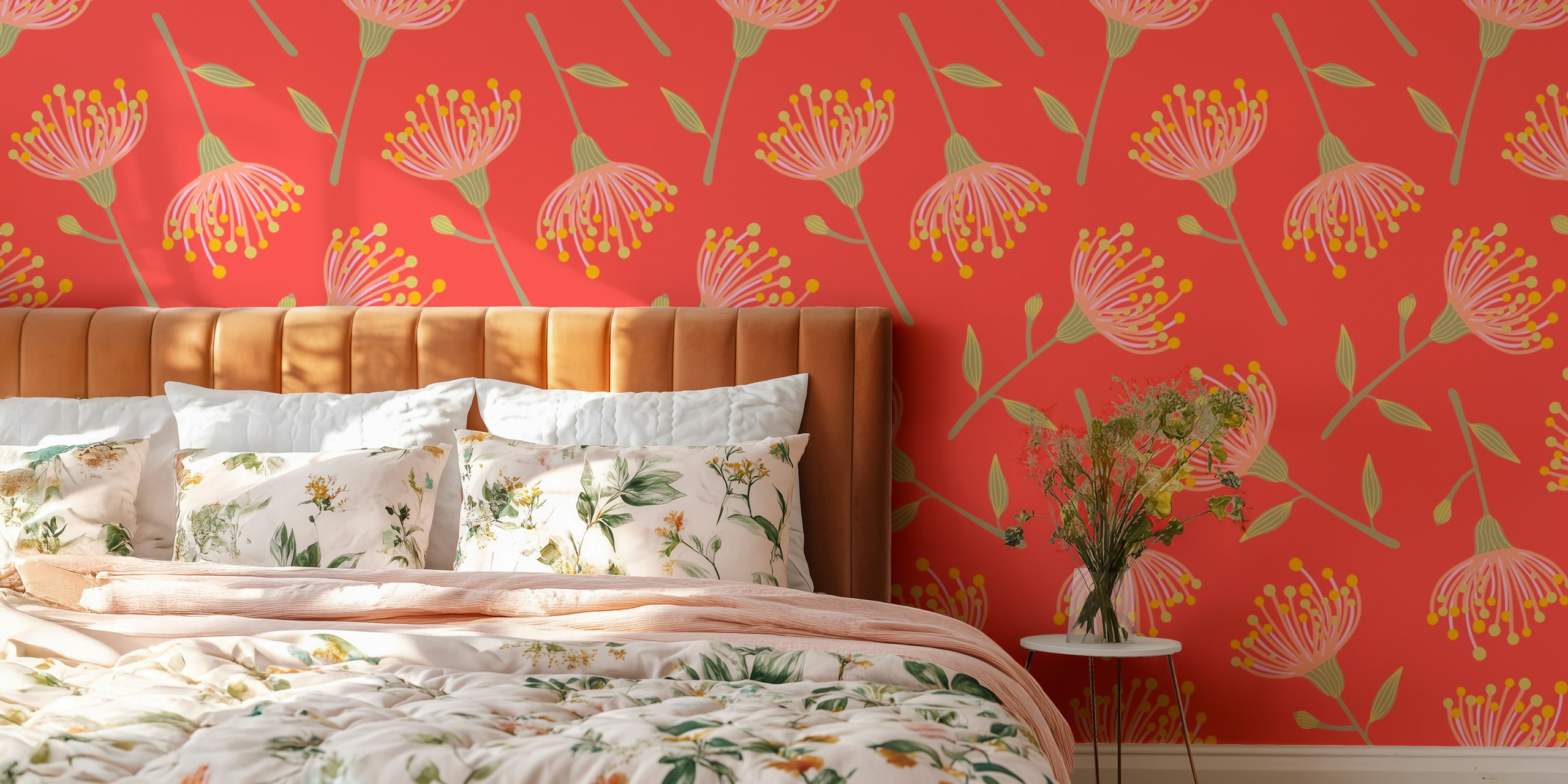 Eucalyptus tossed Floral behang in koraaloranje