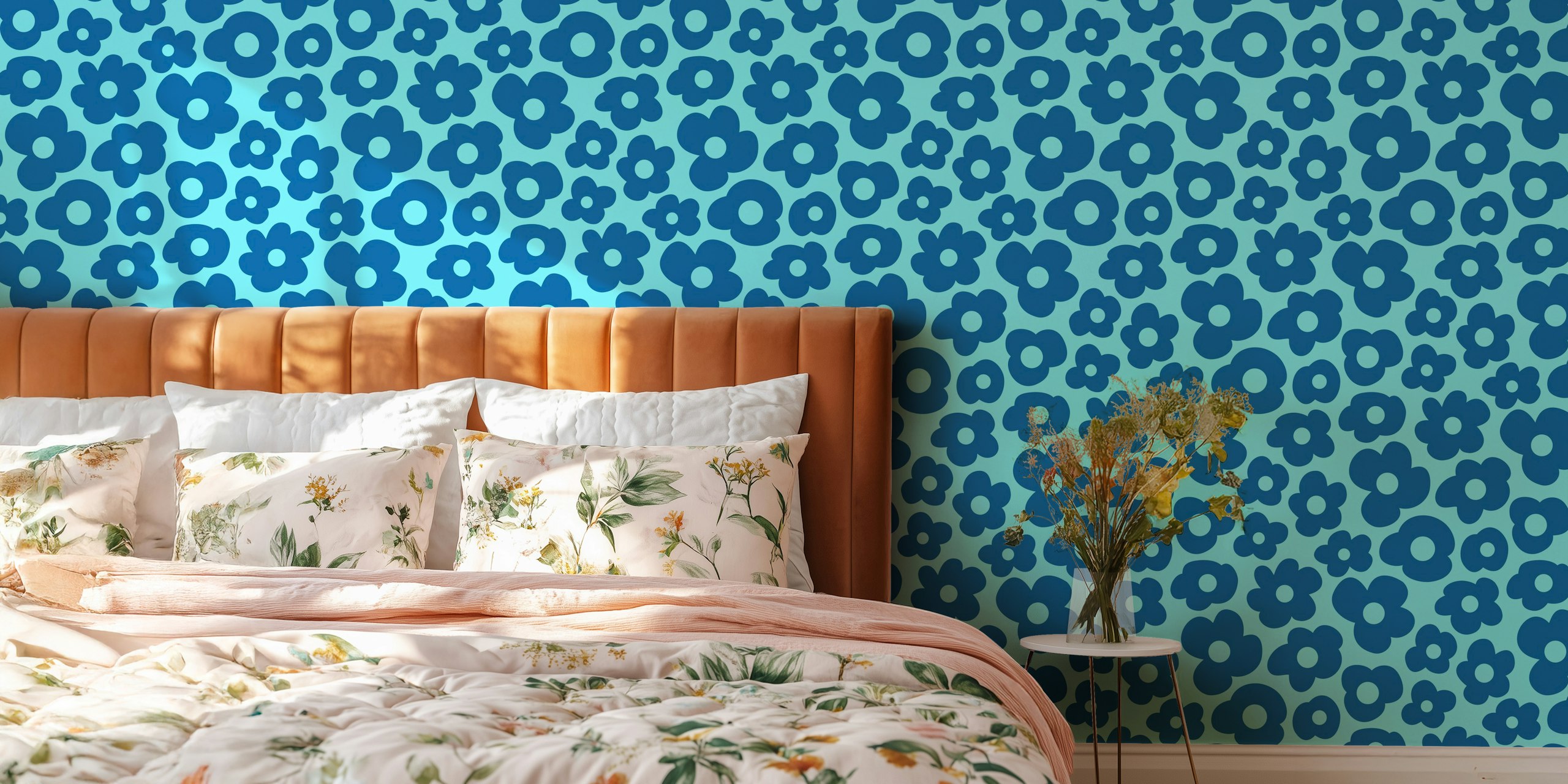 Blue hand-drawn flower wallpaper design