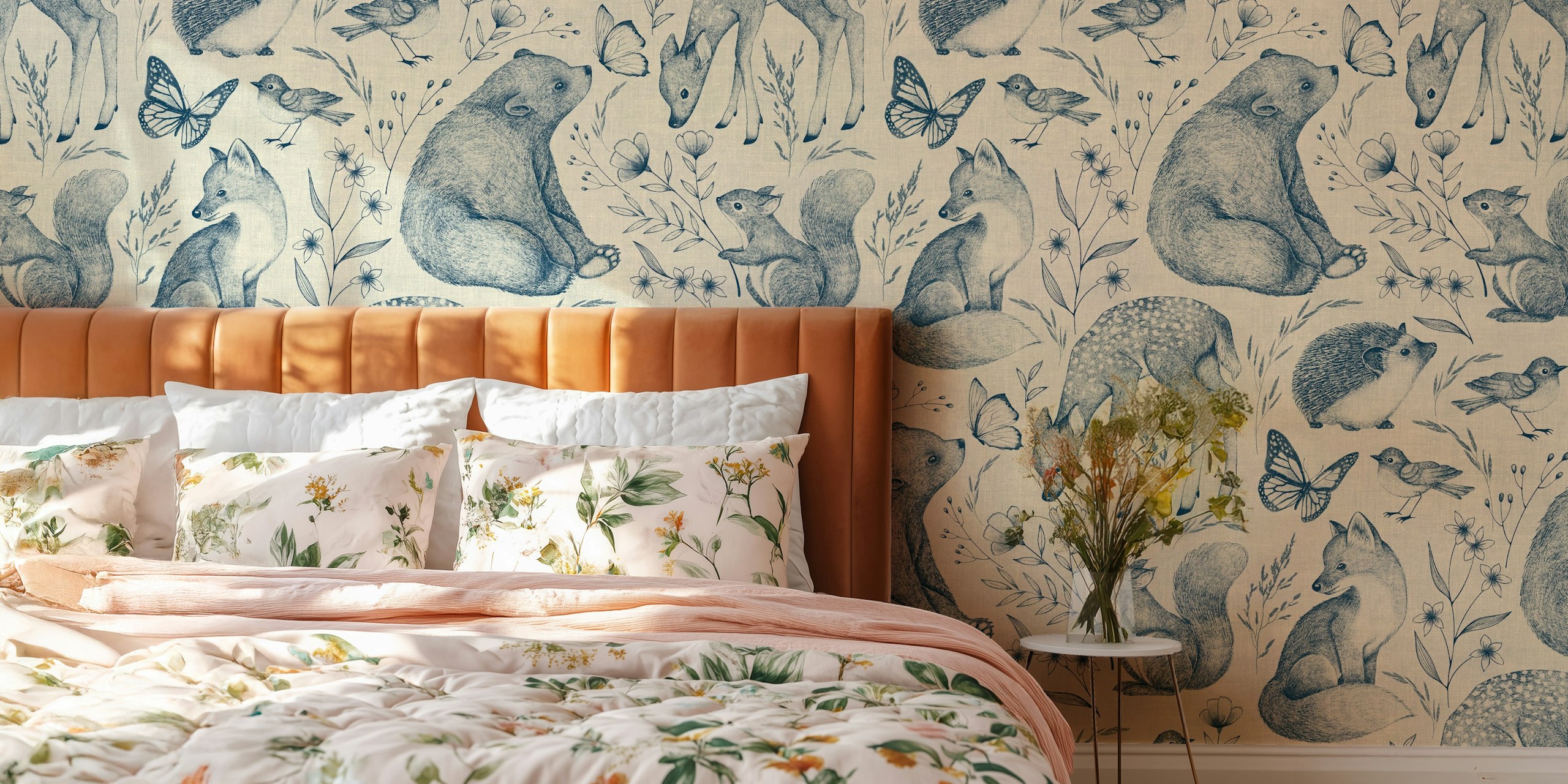 Blue and cream animal motifs including foxes, deer, and flowers wallpaper