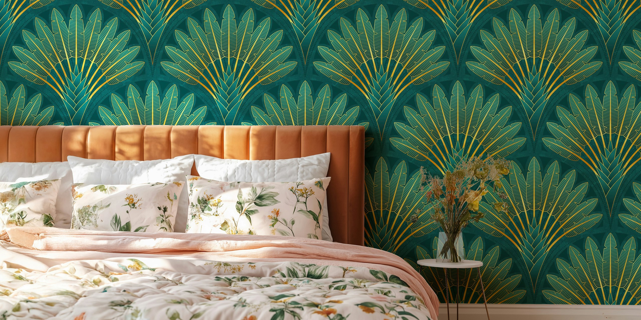 Tropical palm leaves in gold on teal wallpaper, art deco style