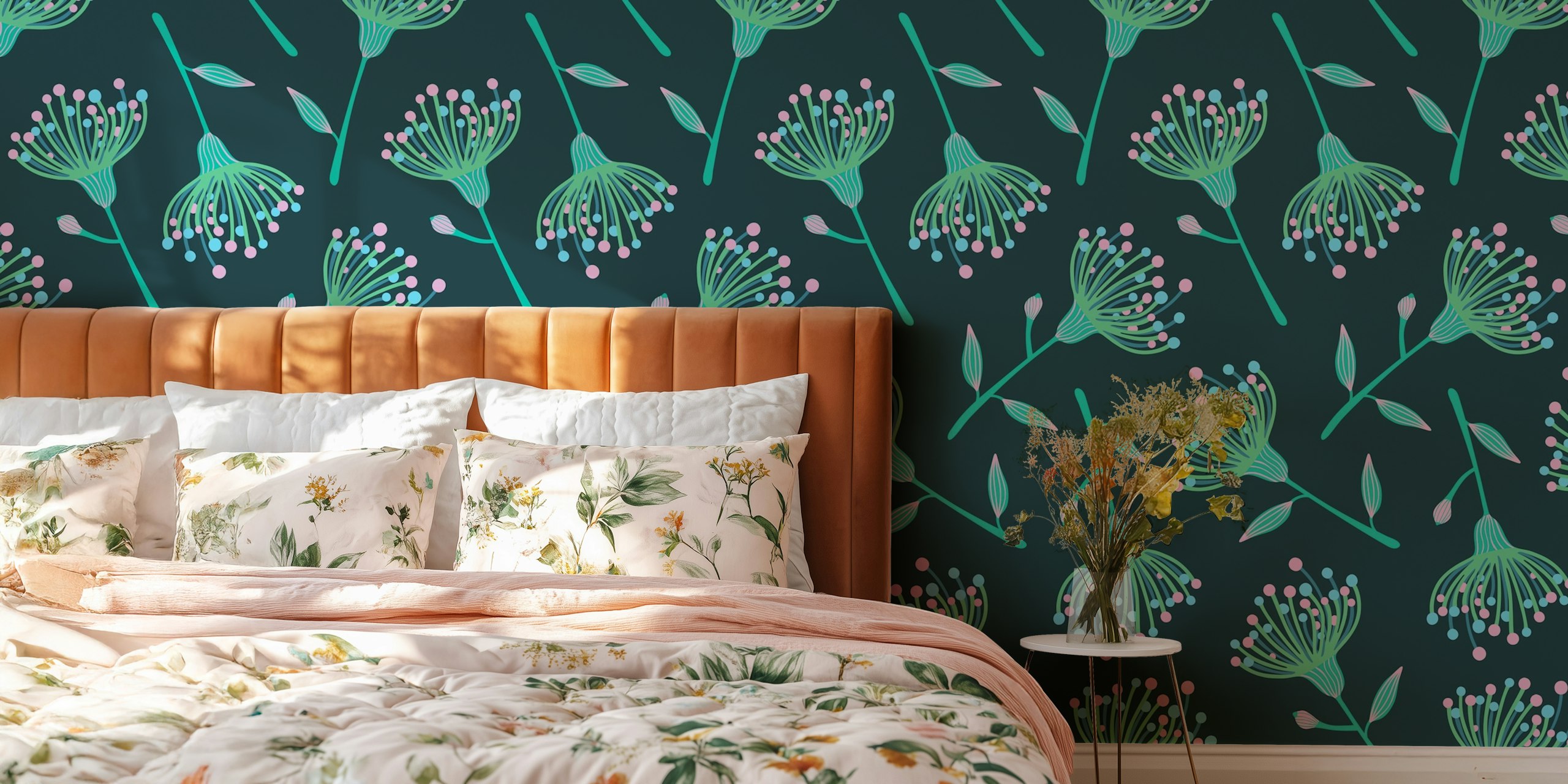 Eucalyptus tossed floral wallpapers u akvamarin i tirkiz