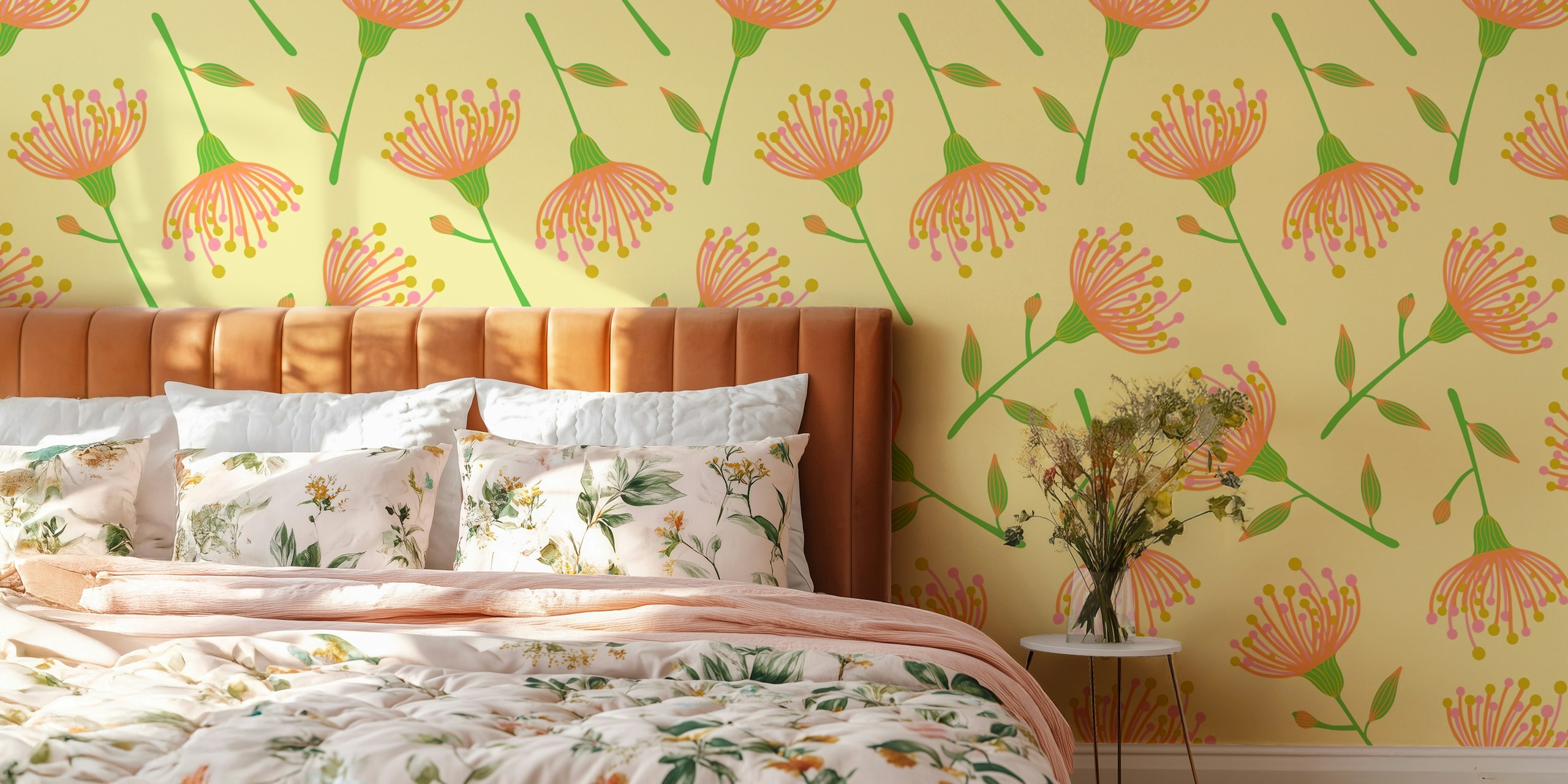 Light yellow eucalyptus floral wallpaper design