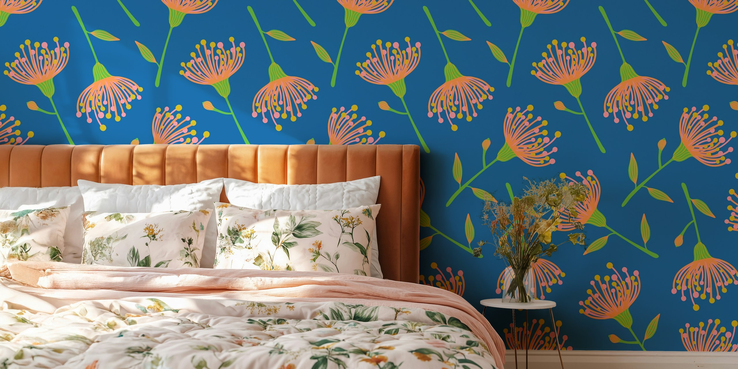 Eucalyptus Tossed Floral Wallpaper in room setting