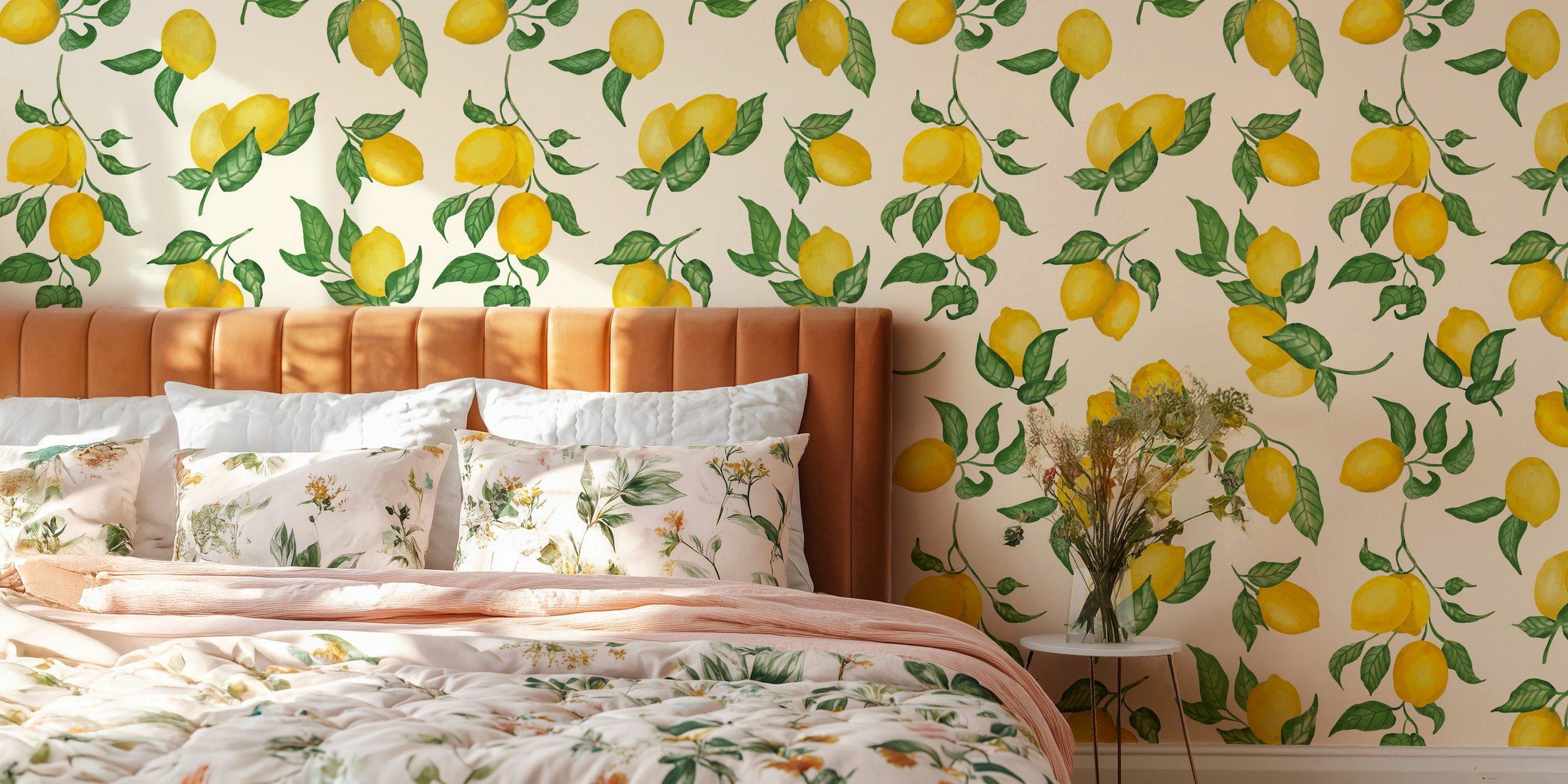 Lemons Gouache 6 Off White wallpaper in a room