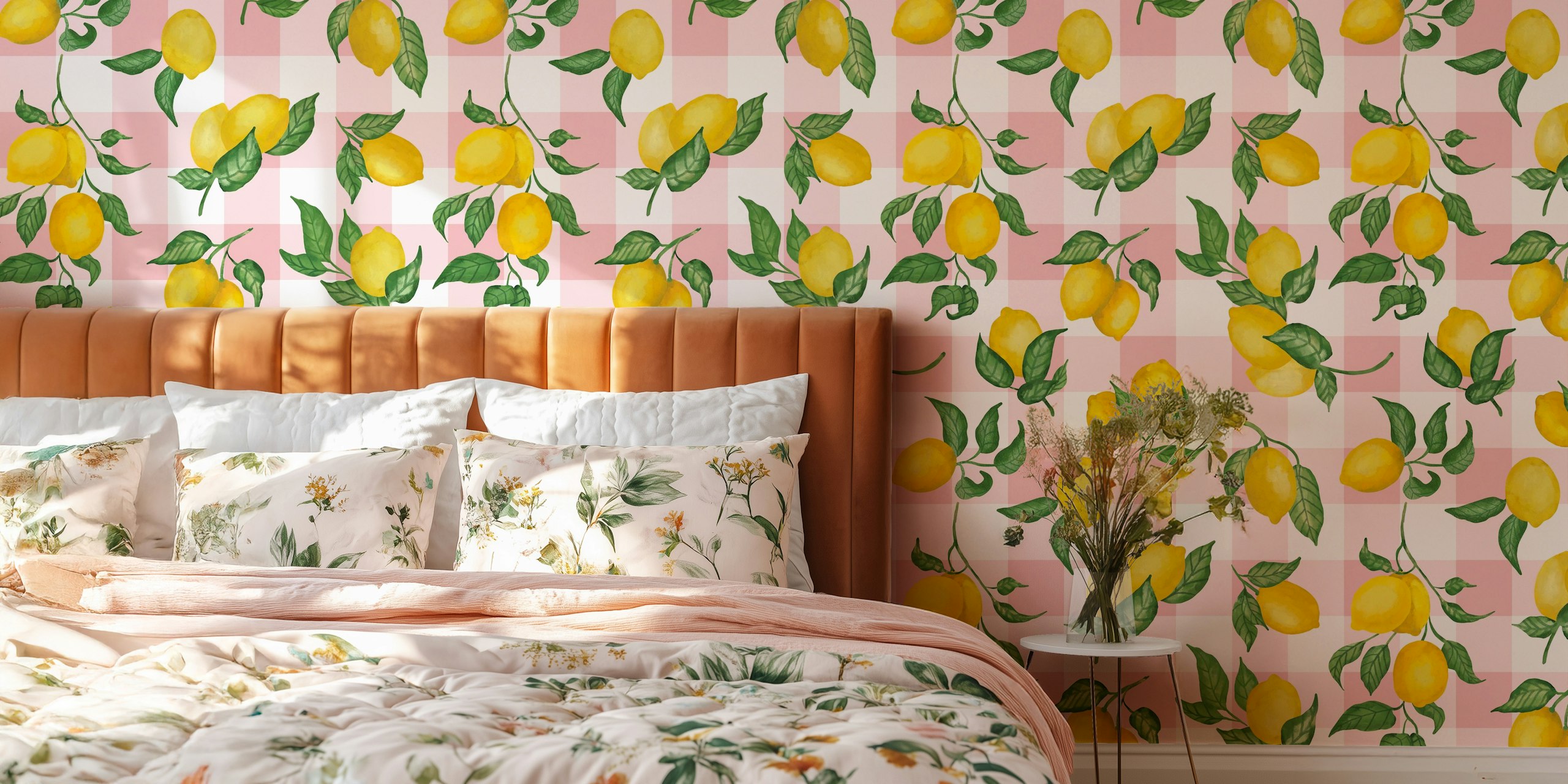 Lemon gouache wallpaper with pastel pink gingham