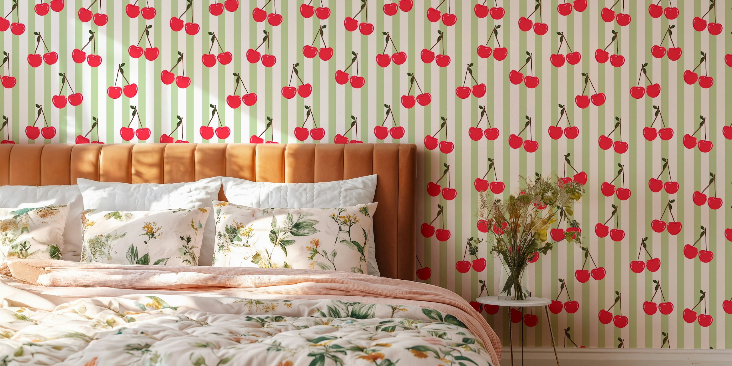 Green and white stripe cherry tapetti huoneessa