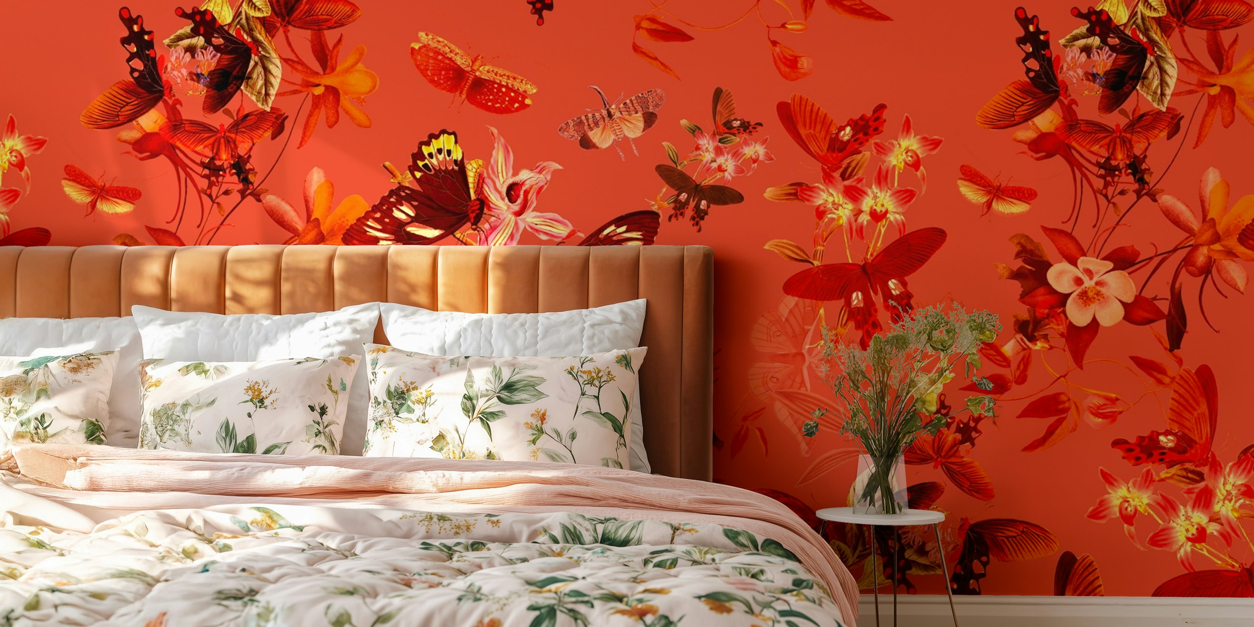 Orange floral pattern with butterflies and flowers wallpaper