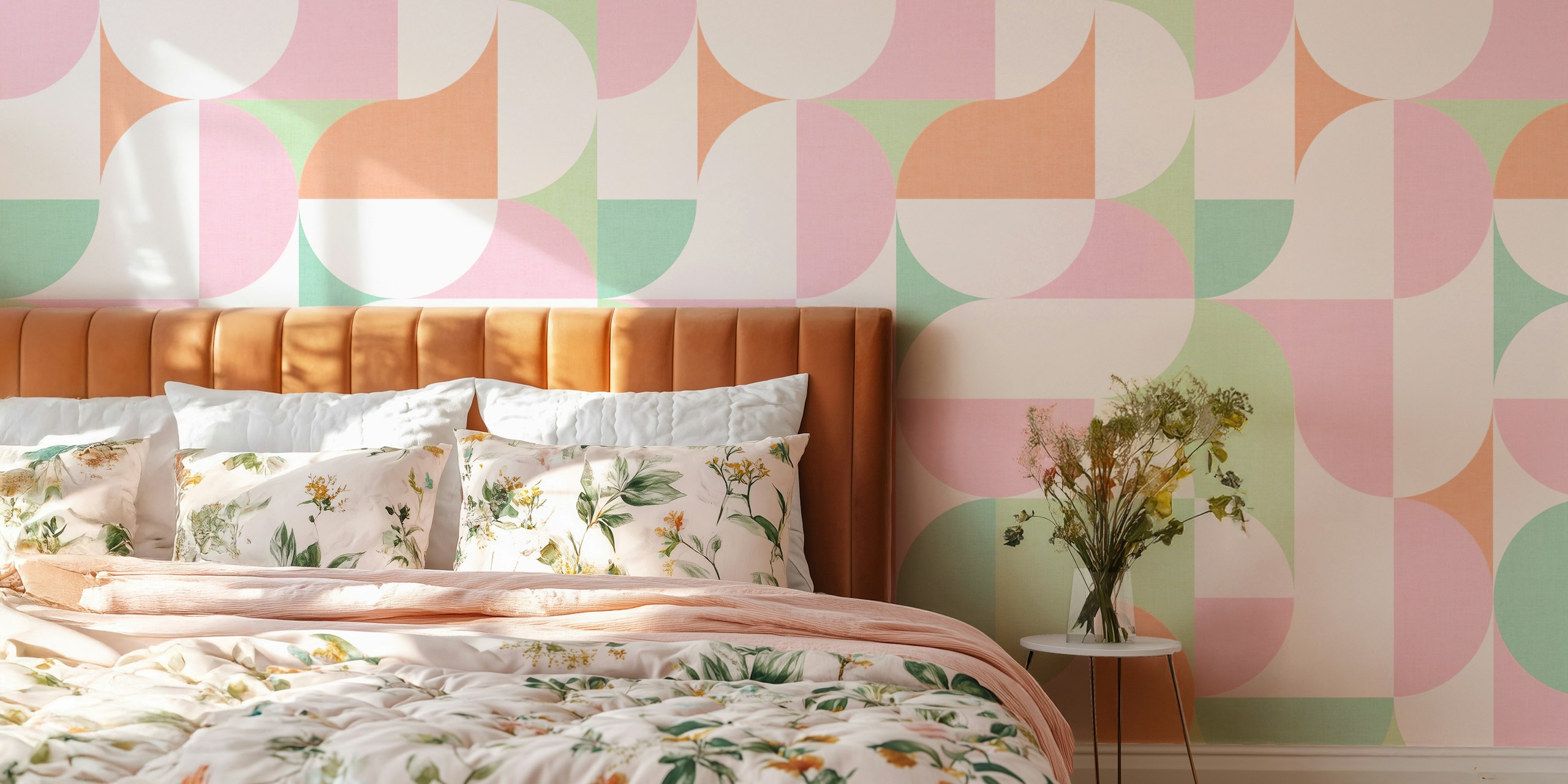 Geometric shapes in pastel colors of pink, mint, and white wallpaper