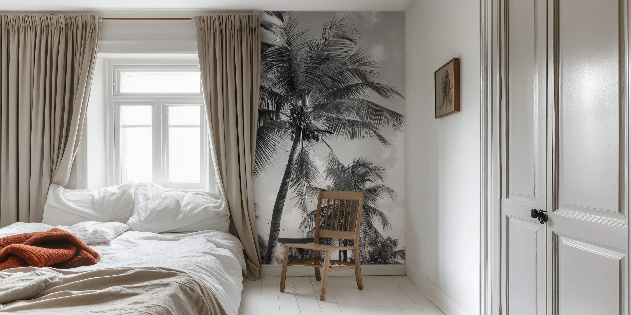 Black and white palm trees wallpaper showcasing tropical foliage.