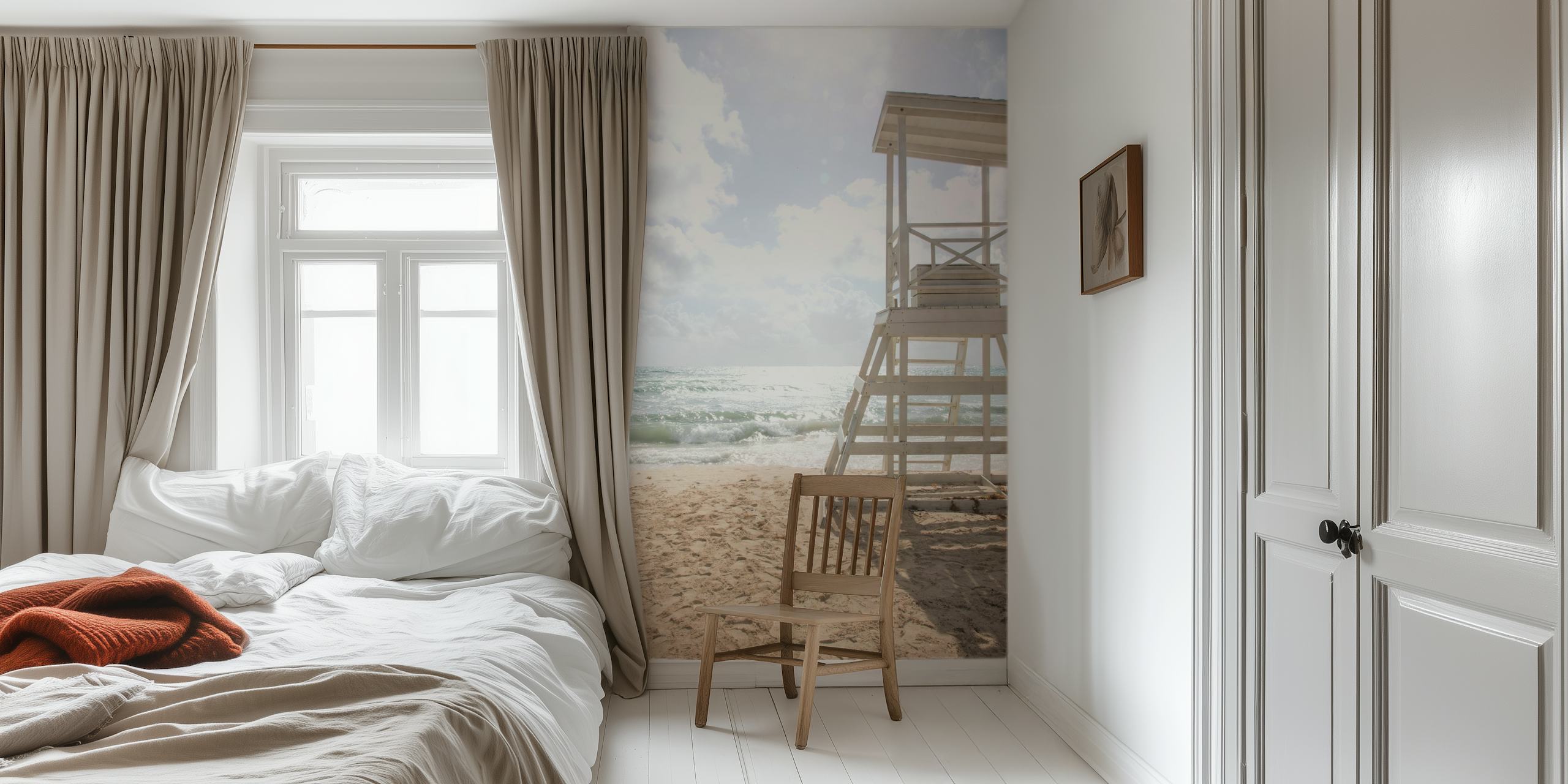 Caribbean beach scene with a white lifeguard tower on the sand and tranquil ocean backdrop