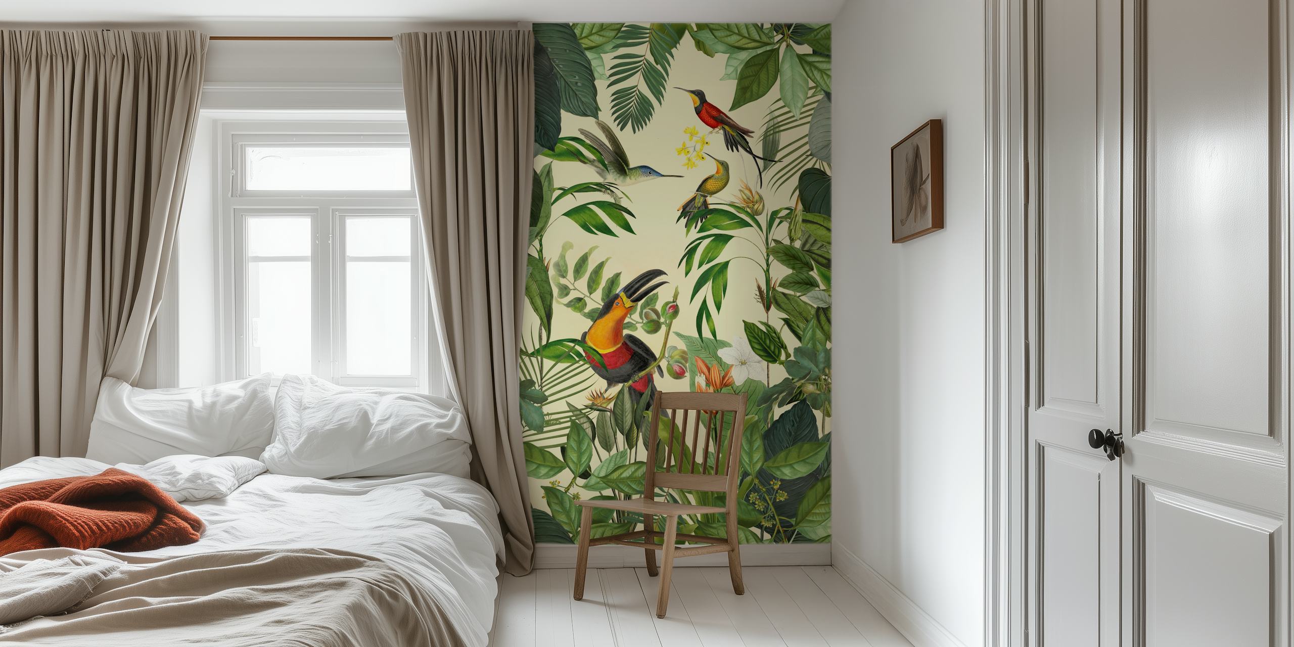Tropische Tukan- und Kolibris-Wandbild mit lebendiger Tierwelt und üppigem Grün