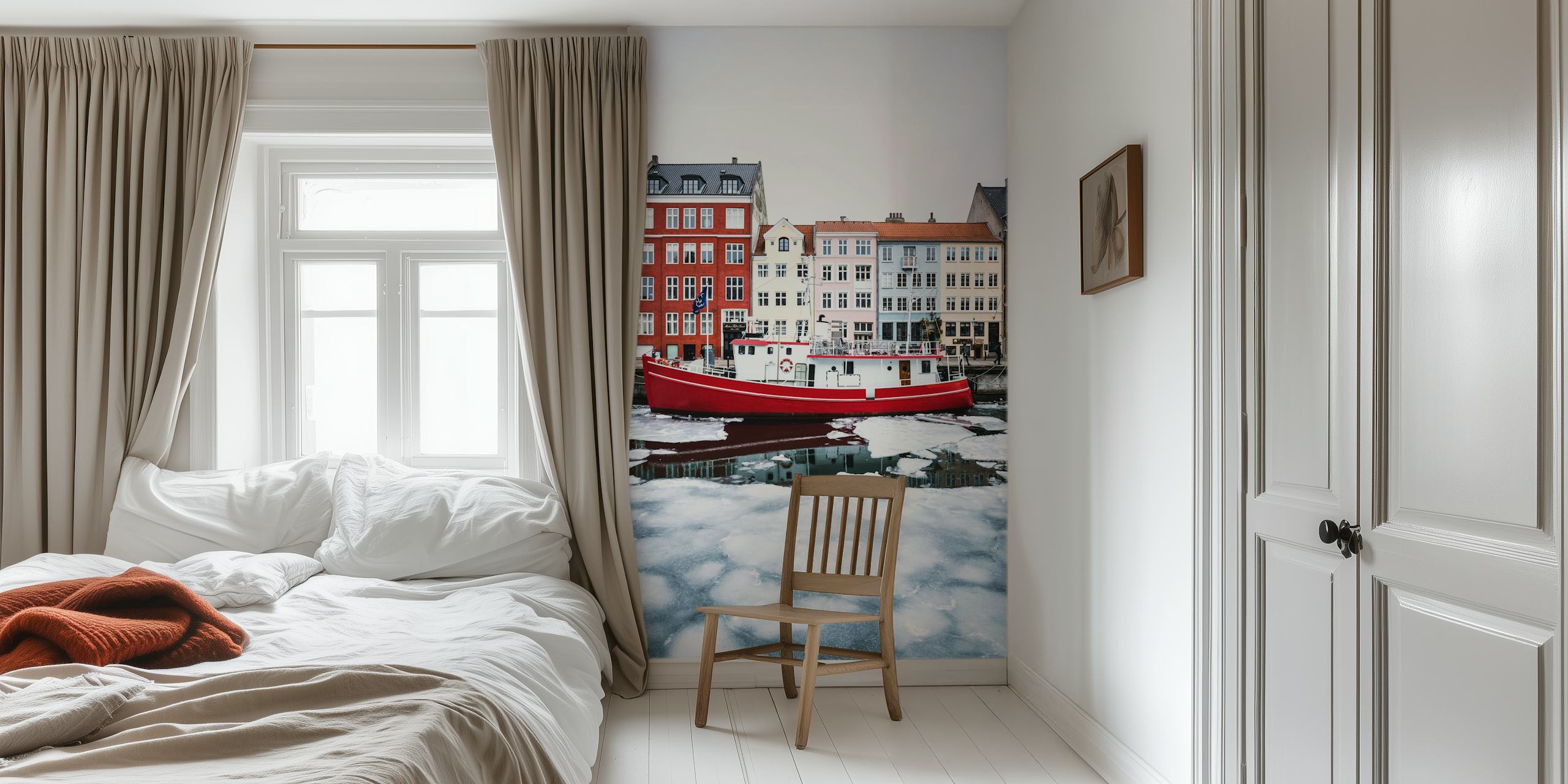 Colorful buildings and a red boat in icy waters wallpaper