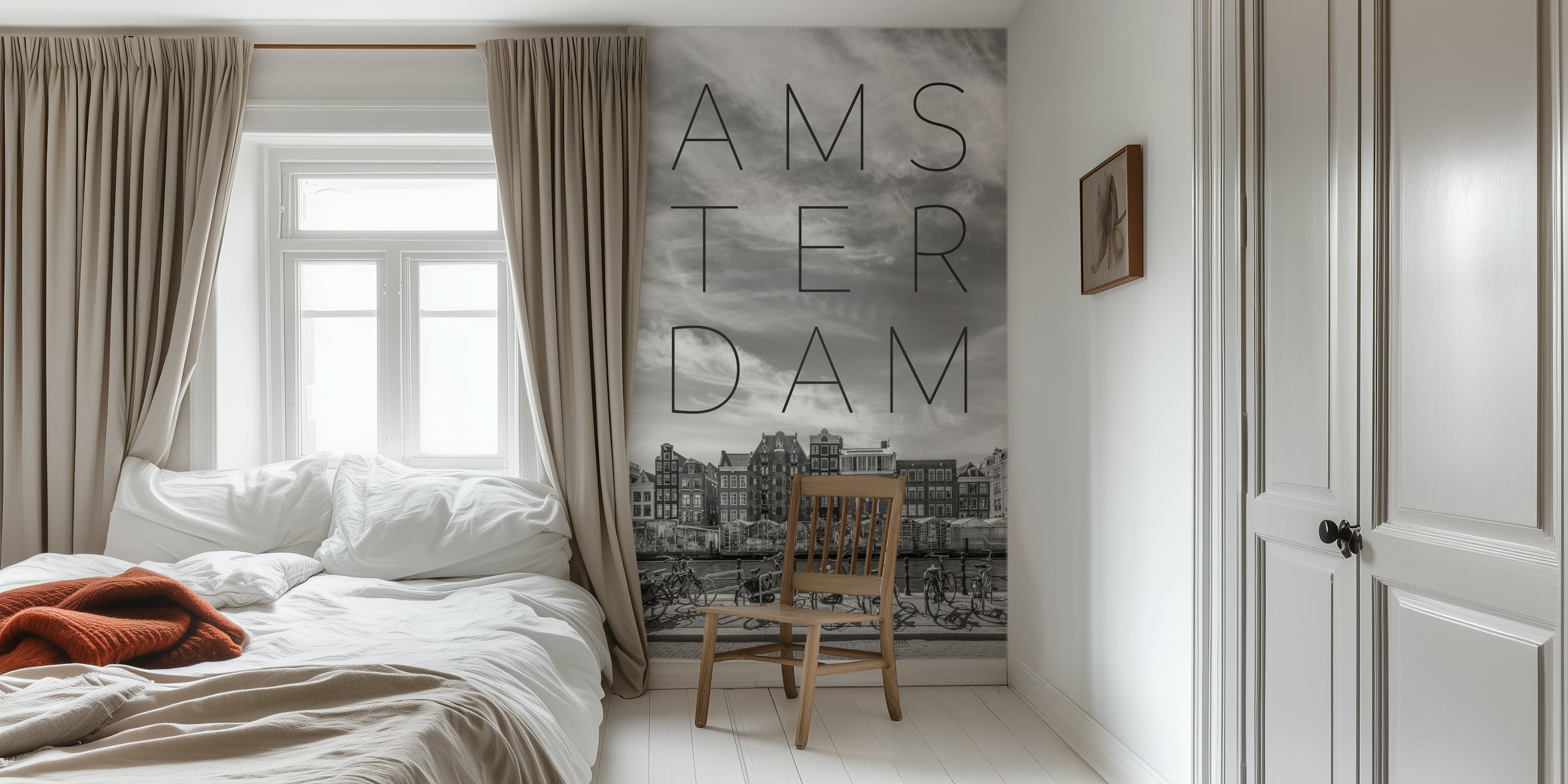 Black and white wall mural featuring Amsterdam's historic Singel Canal with Dutch houses and bicycles
