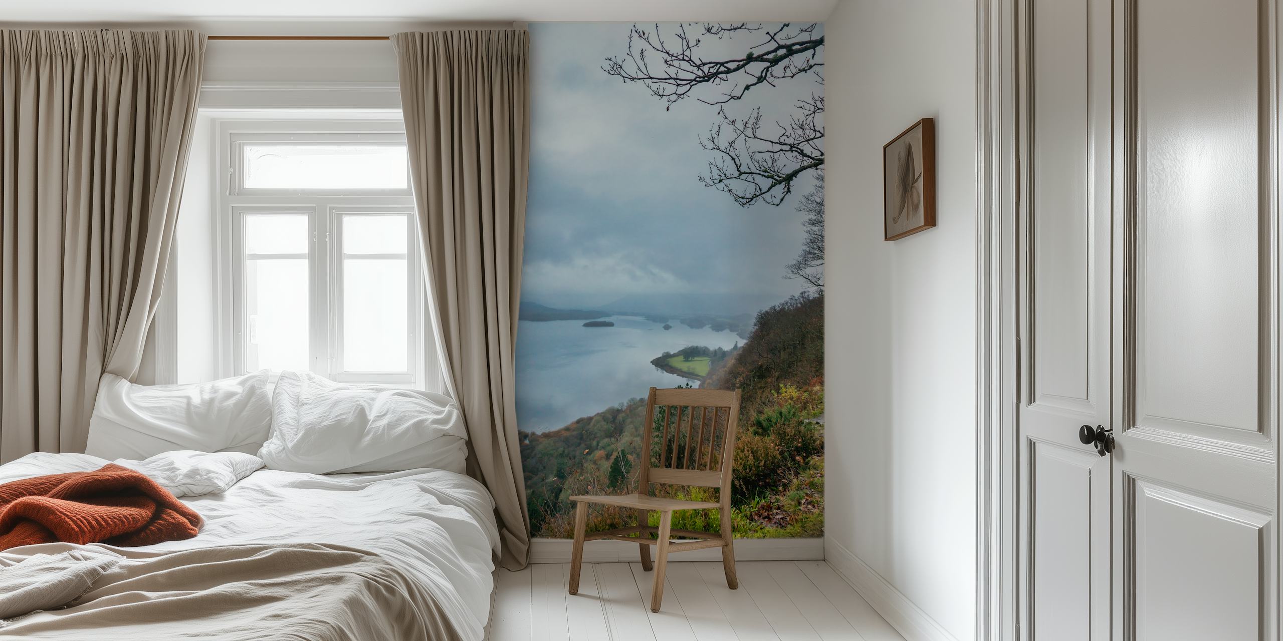 British Lake District wall mural with misty lakeside view