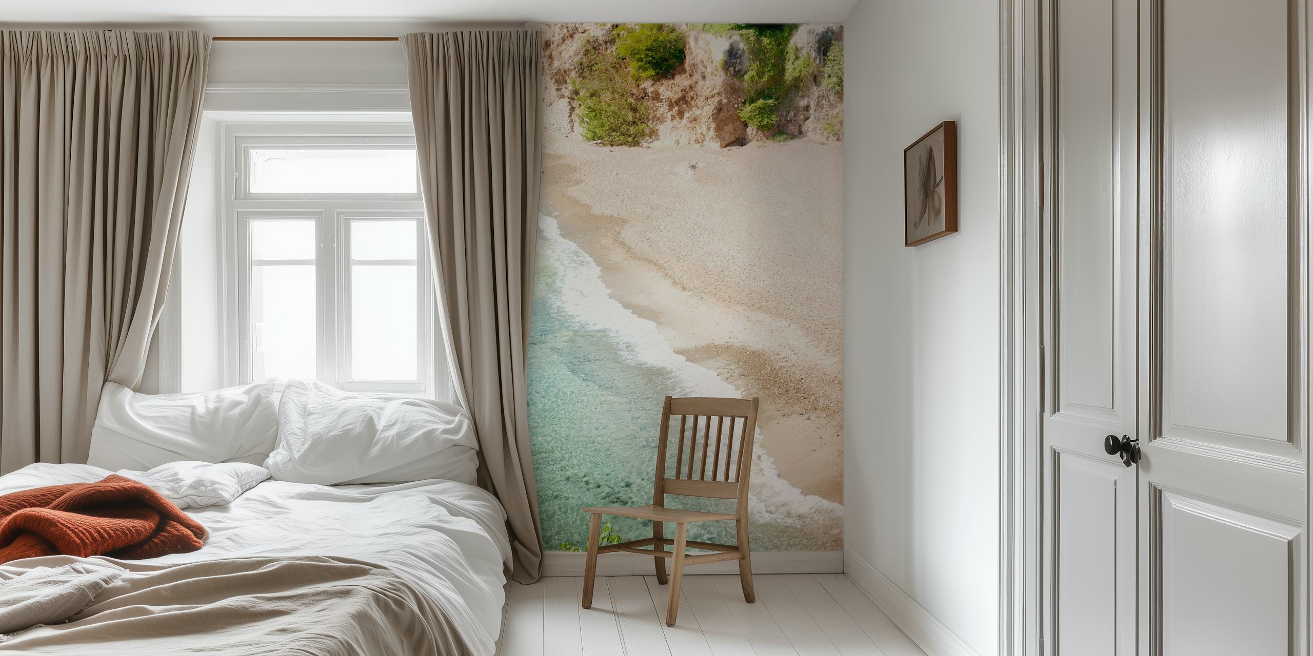 Serene ocean beach wall mural with gentle waves and sandy shore